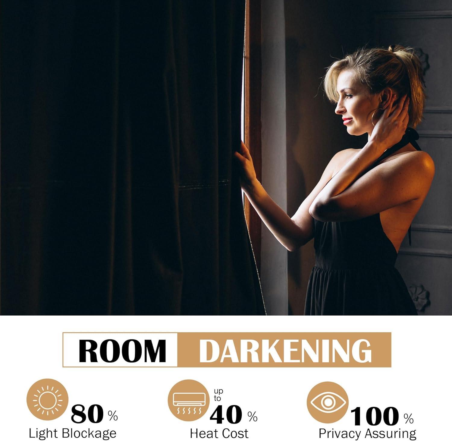 JIUZHEN Black Velvet Curtains for Living Room -96 inches Long Rod Pocket Thermal Insulated Room Darkening Window Drapes for Bedroom, Set of 2 Panels with Tiebacks, 52 x 96 inches