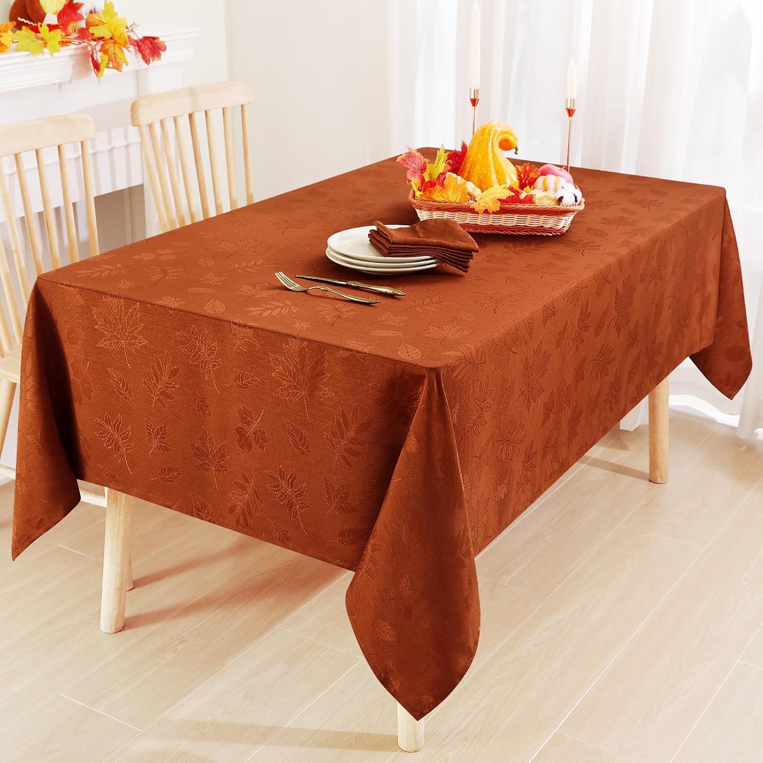 Fall Tablecloth Rectangle 60X84 Inch, Waterproof Autumn Leaves Jacquard Table Cloth, Damask Fabric Table Covers For Harvest Parties, And Thanksgiving Decor, Rust/Burnt Orange