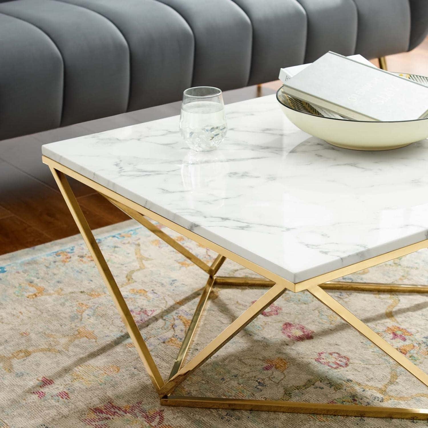 Modway Vertex Artificial Marble & Stainless Steel Coffee Table in Gold/White