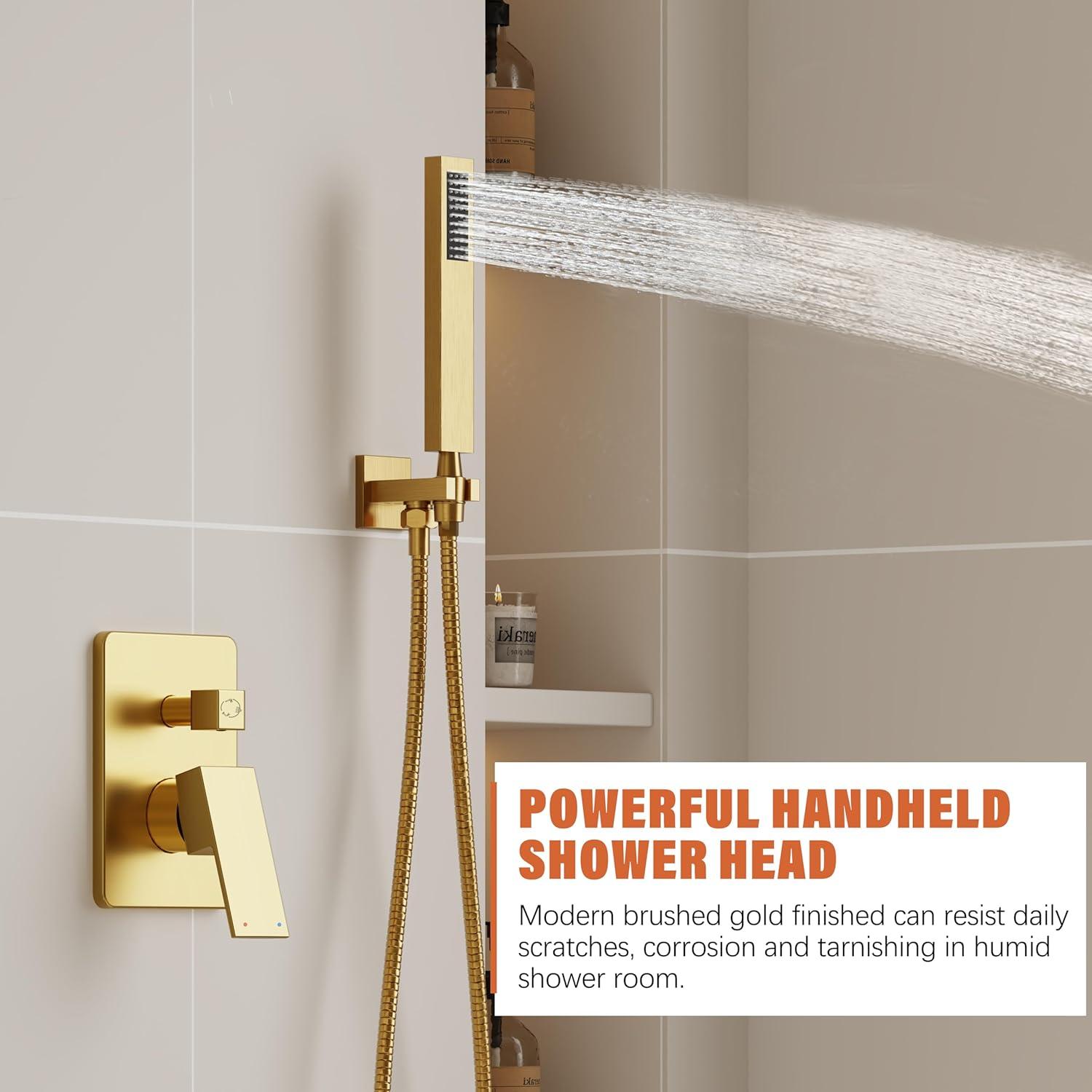 Brushed Gold Wall Mounted Rain Shower System with Handheld