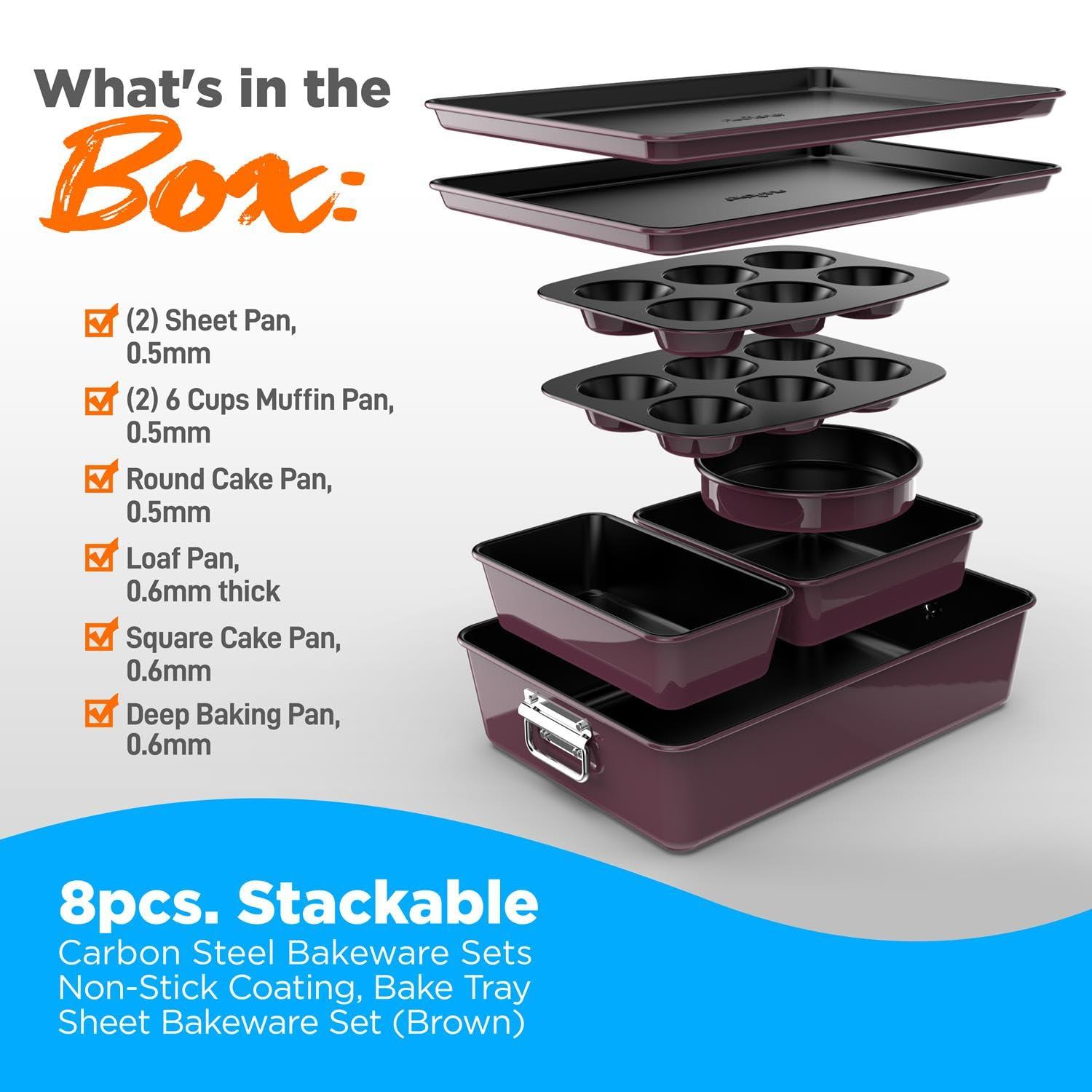 NutriChef 8-Piece Nonstick Stackable Bakeware Set - Pfoa, Pfos, Ptfe Free Baking Tray Set W/ Non-Stick Coating, 450°F Oven Safe, Round Cake, Loaf, Muffin, Wide/Square Pans, Cookie Sheet