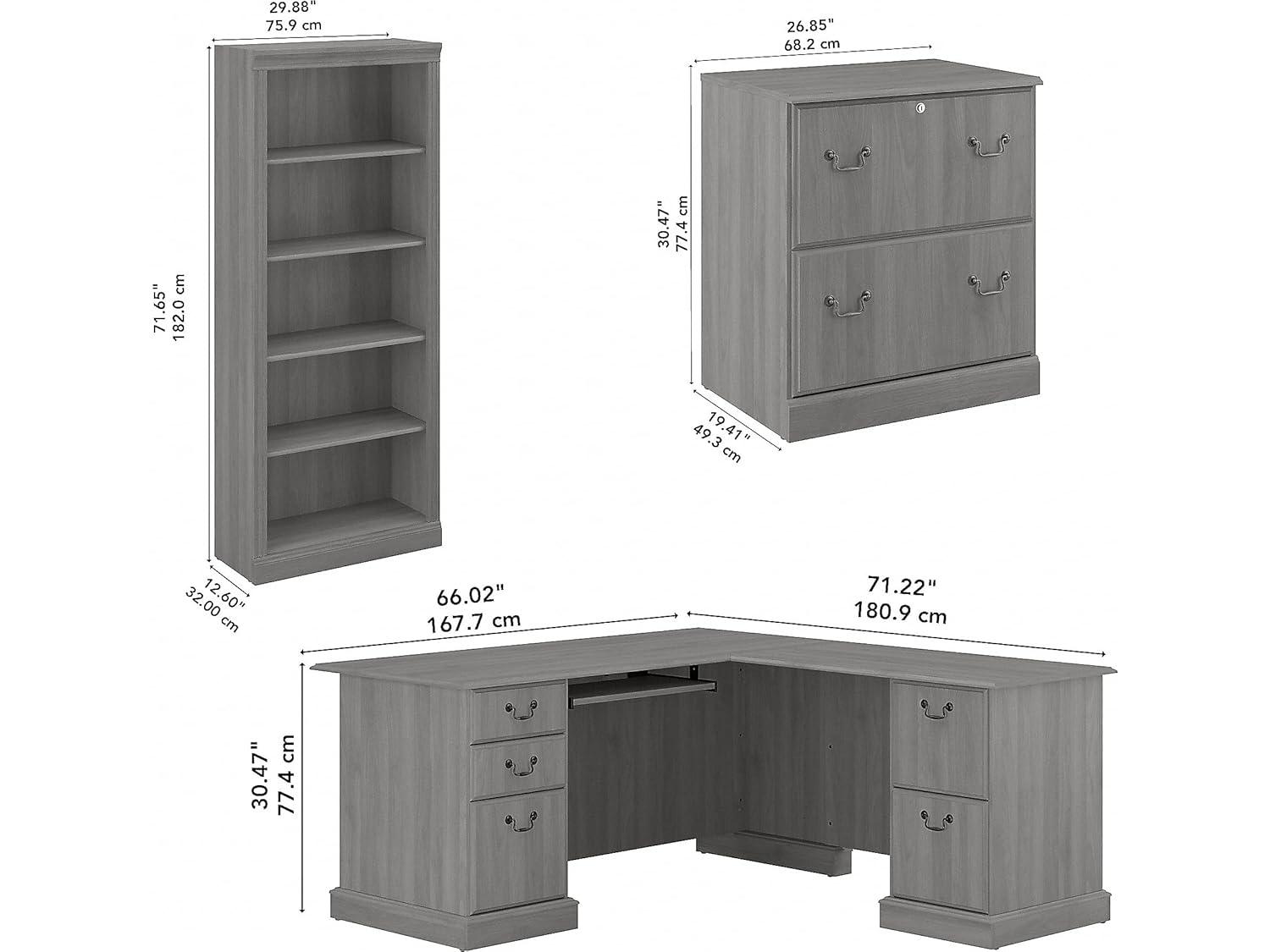 Modern Gray Engineered Wood L-Shaped Desk Set with Bookcases and File Cabinet