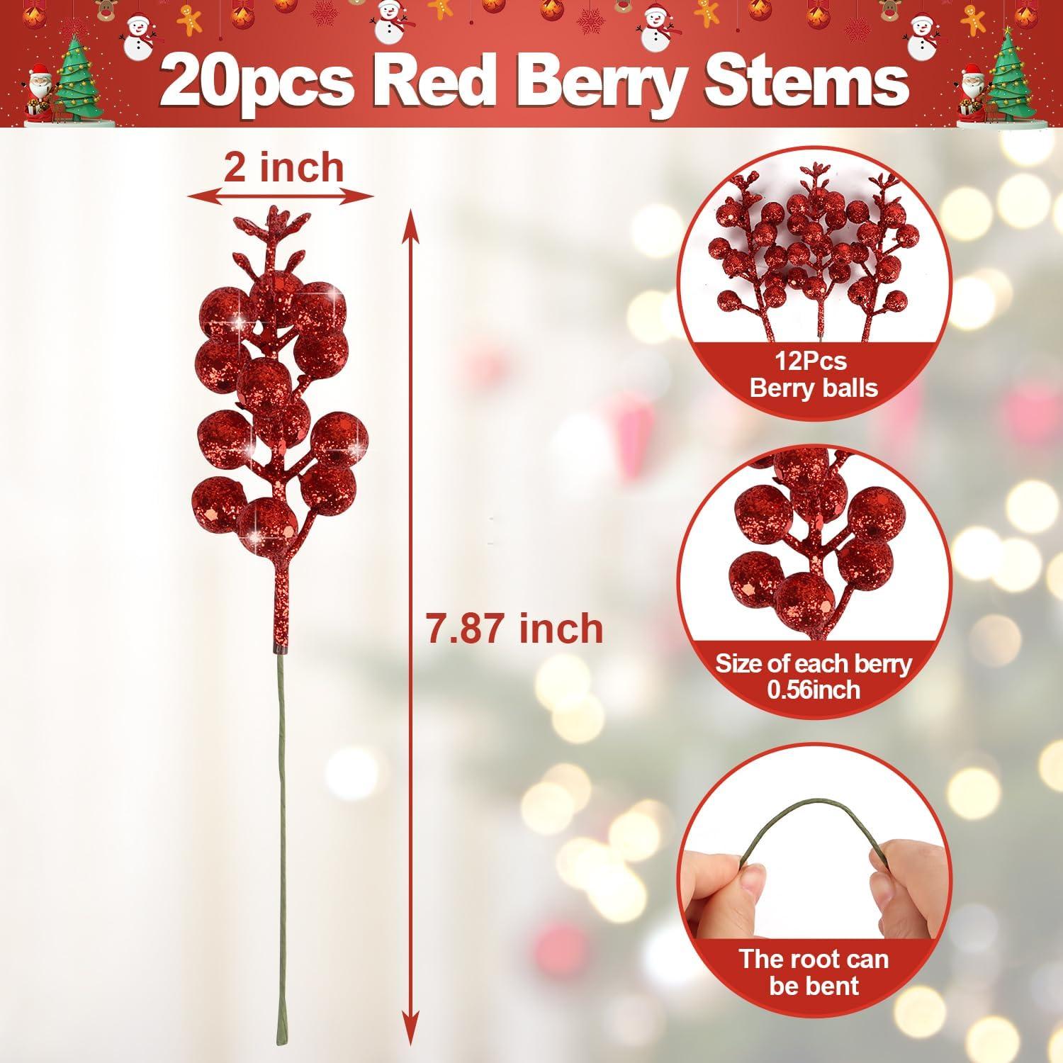 20 Pcs Artificial Glitter Berry Stems, 7.8 Inch Glitter Christmas Tree Picks for Christmas Tree Ornaments,DIY Xmas Wreath, Xmas Party Home Decorations