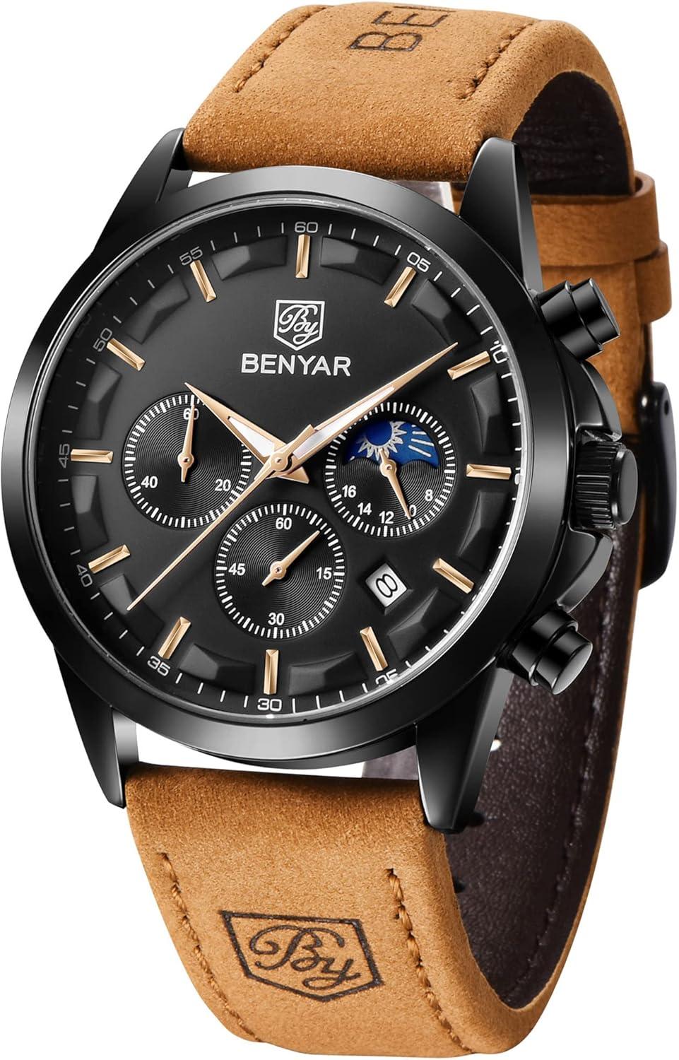 BY BENYAR Mens Watches Analog Quartz Chronograph Waterproof Wrist Watches for Men Fashion Business Work Casual Sport Designer Dress Watch with Calendar Elegant Gifts for Men