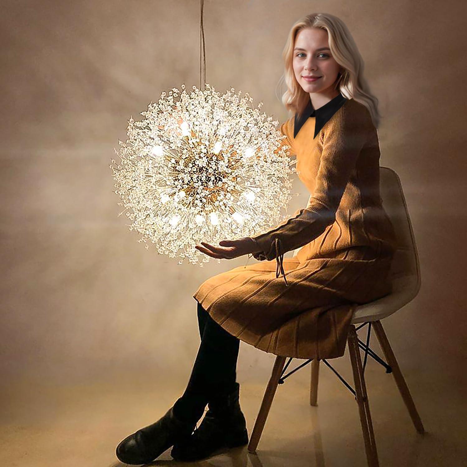 Mercer41 Modern Gold Crystal Chandelier With 12-Light Firework Design, Adjustable Dandelion Pendant Lighting For Dining Room, Living Room, Bedroom, Kitchen, And Hallway