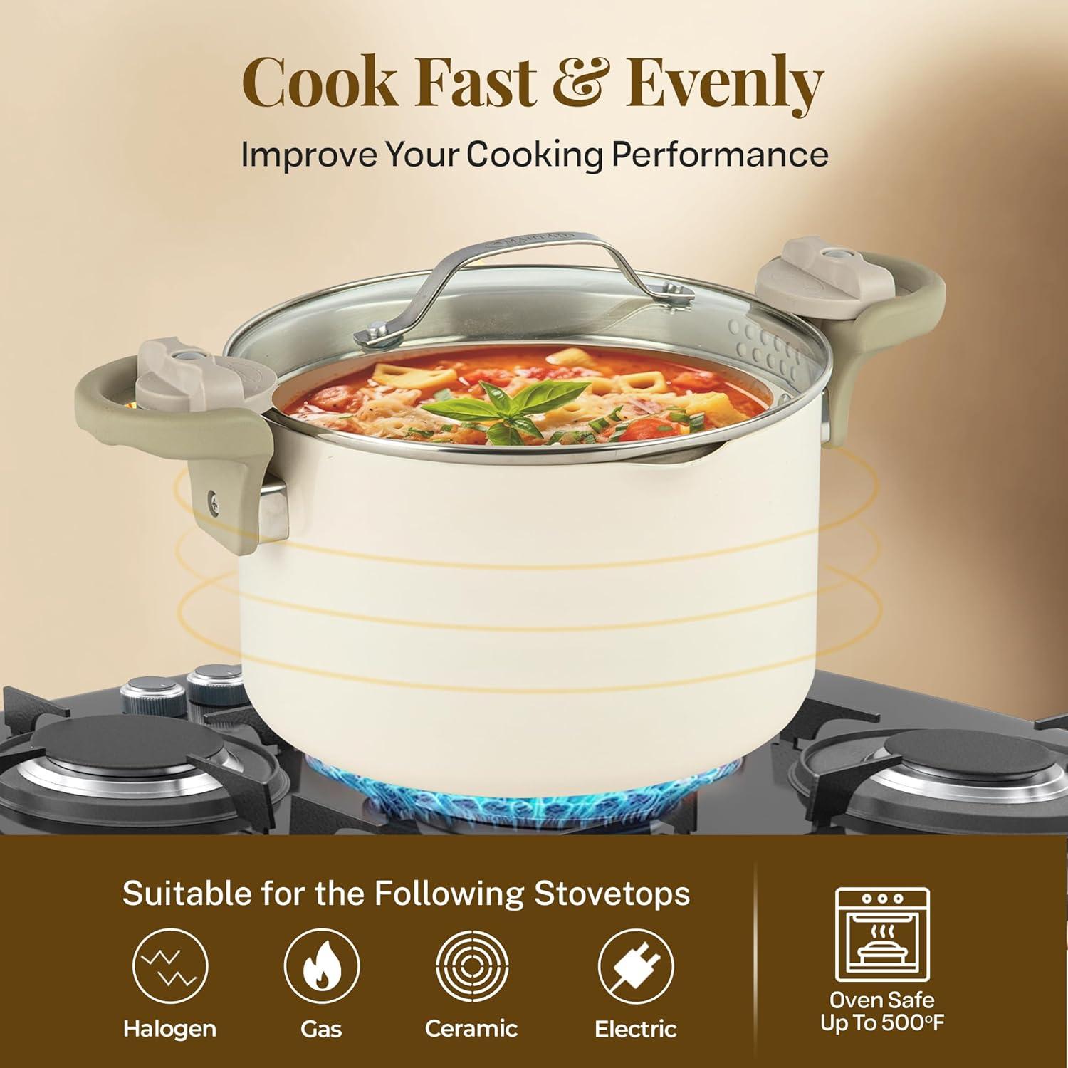 Gotham Steel Naturals Cream Ultra Nonstick Ceramic 5 Qt Pasta Pot with Strainer and Twist & Lock Handles