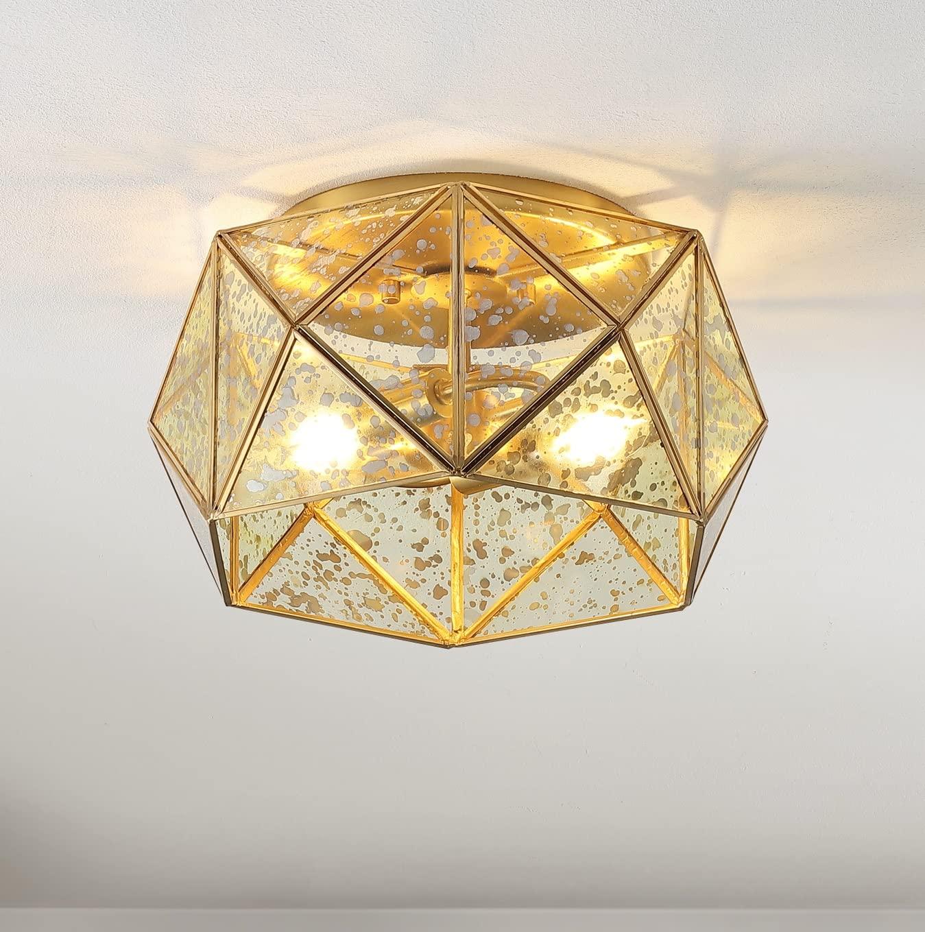 JONATHAN Y JYL9927A Violet 12.5" 2-Light Industrial Vintage Iron/Glass LED Flush Mount Farmhouse Modern 2700K Cozy Warm Light Kitchen Hallway Bathroom Stairwell Entryway Foyer, Brass Gold