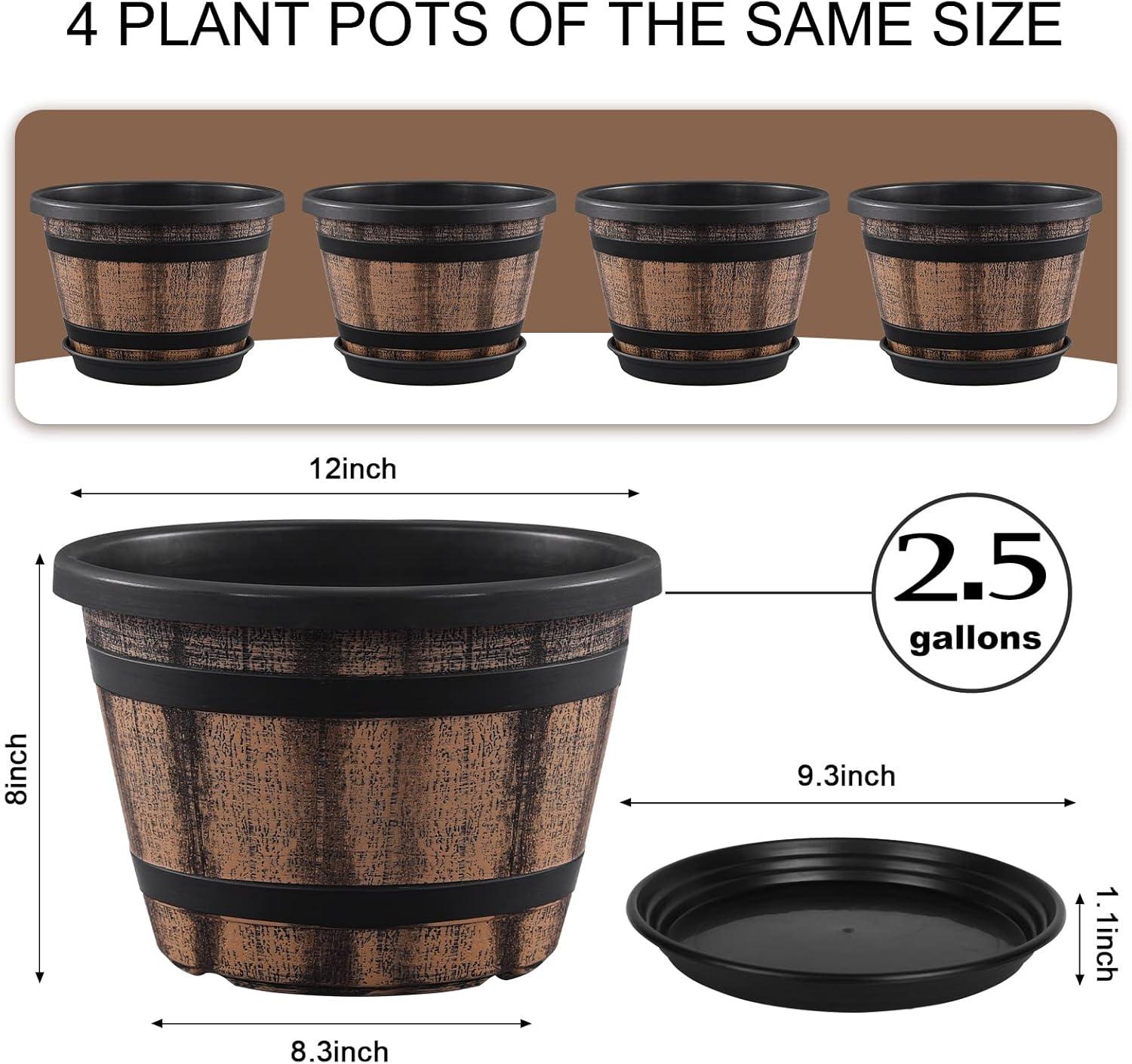 12'' Brown Plastic Whiskey Barrel Planter Set with Saucers