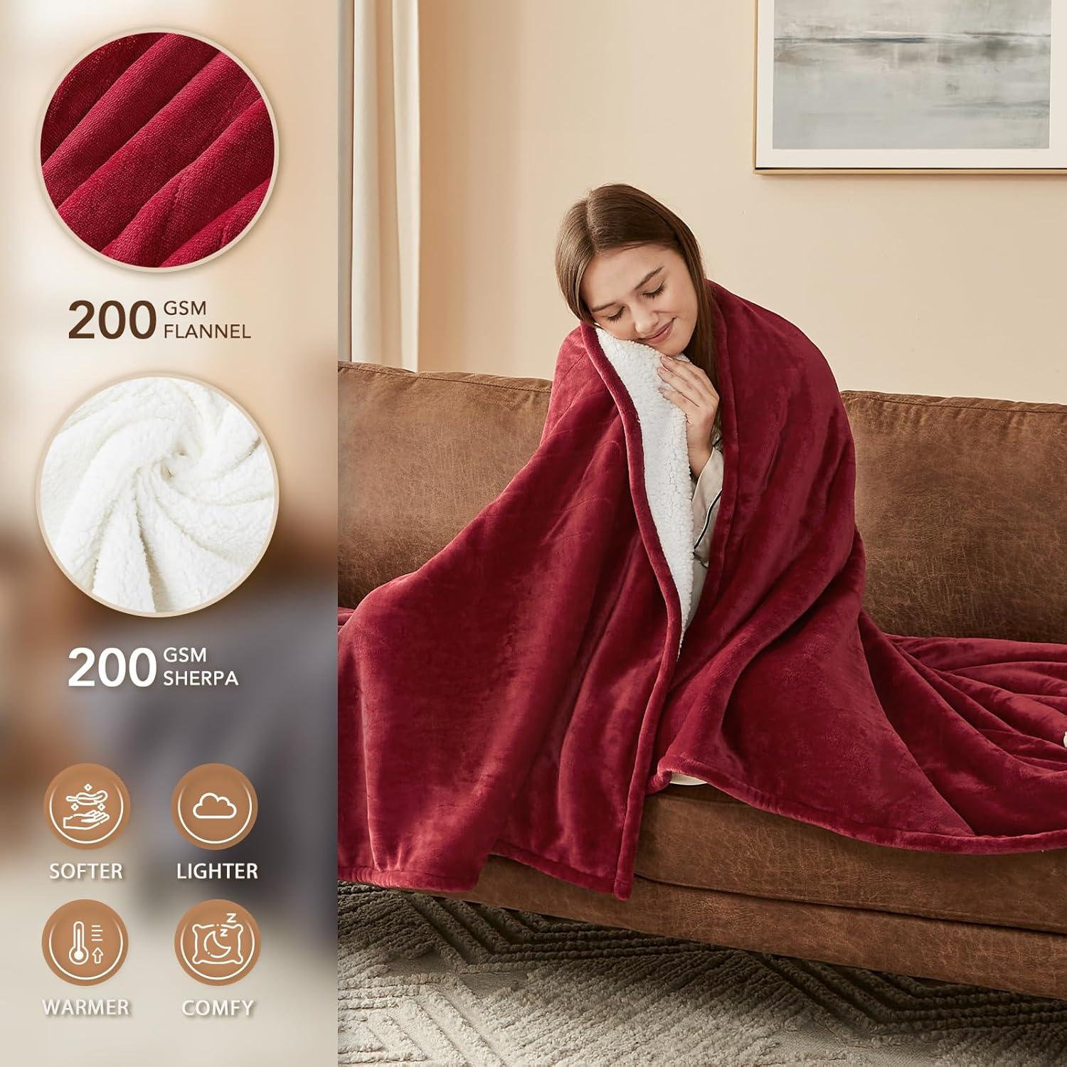 Homemate Heated Blanket Electric Throw - 50"x60" Heating Blanket Throw 1/2/4/6/8 Hours Auto-off 10 Heat Level Heat Blanket Over-heat Protection Flannel Sherpa Heater Blanket Electric ETL Certification