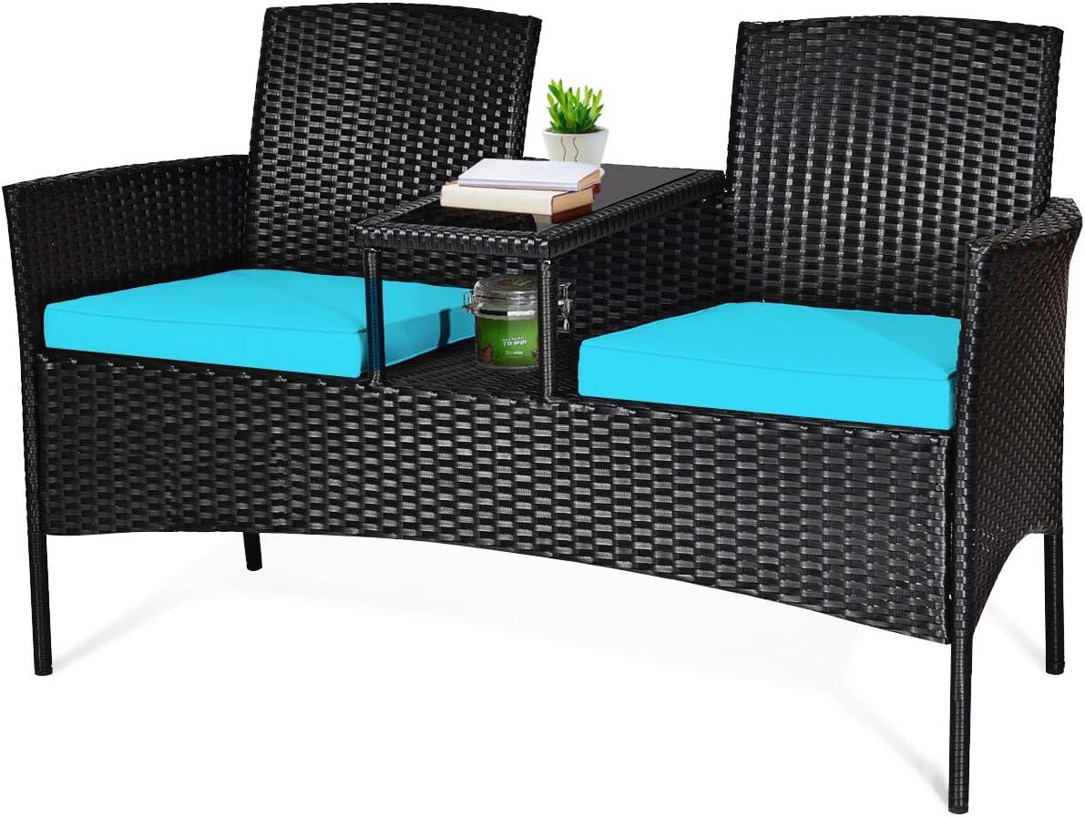 Resenkos Wicker Patio Conversation Furniture Set with Seat , Balcony Furniture Outdoor Rattan Patio Conversation Set with Removable Cushions and Table-Turquoise