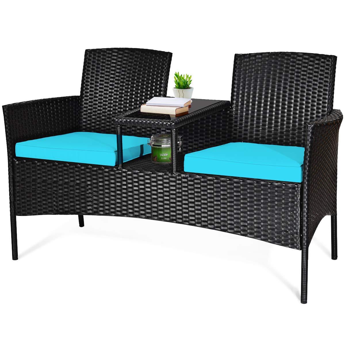Tangkula Outdoor Rattan Furniture Wicker Patio Conversation Chair W/Cushions Turquoise