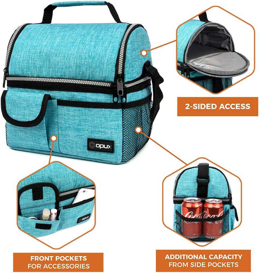 OPUX Insulated Dual Compartment Lunch Bag, Leakproof Soft Cooler Box Women Men Adult, Reusable Tote Pail Kids Boys Girls School (Heather Sea Blue)