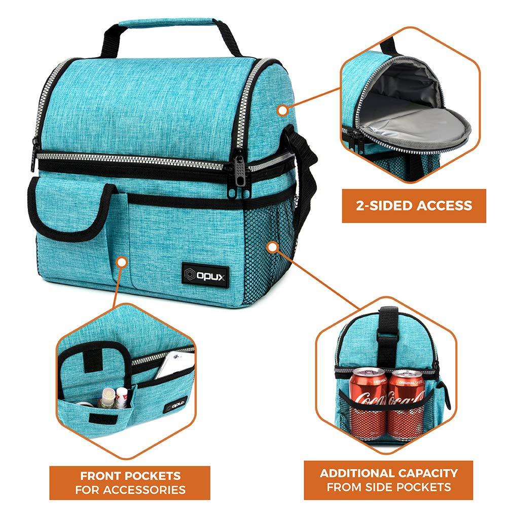 OPUX Insulated Dual Compartment Lunch Bag, Leakproof Soft Cooler Box Women Men Adult, Reusable Tote Pail Kids Boys Girls School (Heather Sea Blue)