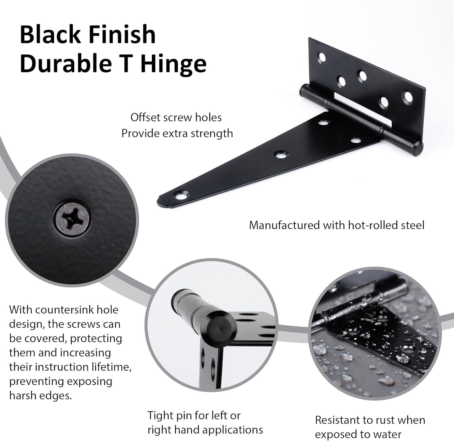 2PCS 8 Inches T Shape Rustproof Iron Light Duty Shed Hinge Gate Strap Hinge Door Gates Hinges (Black)