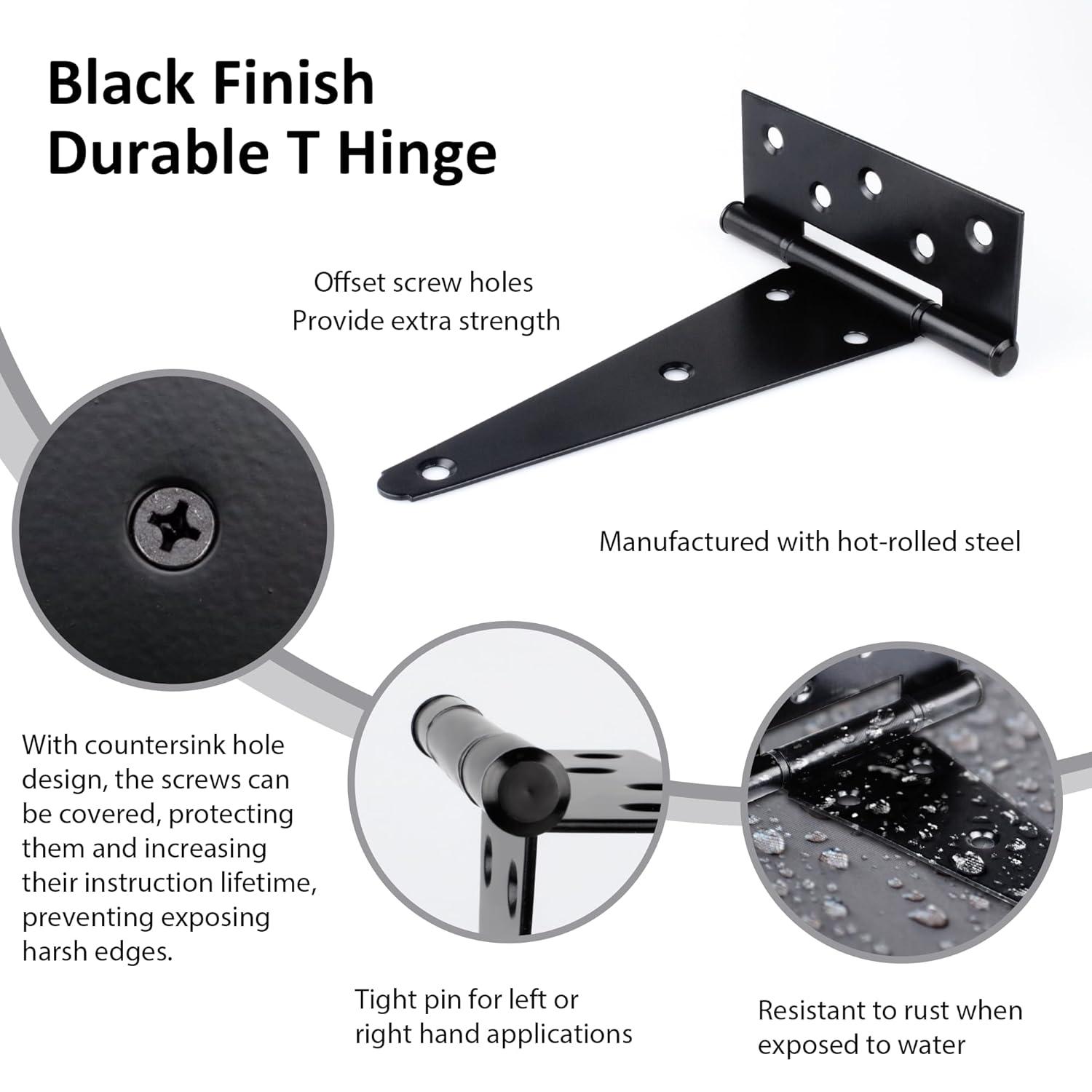 2PCS 8 Inches T Shape Rustproof Iron Light Duty Shed Hinge Gate Strap Hinge Door Gates Hinges (Black)