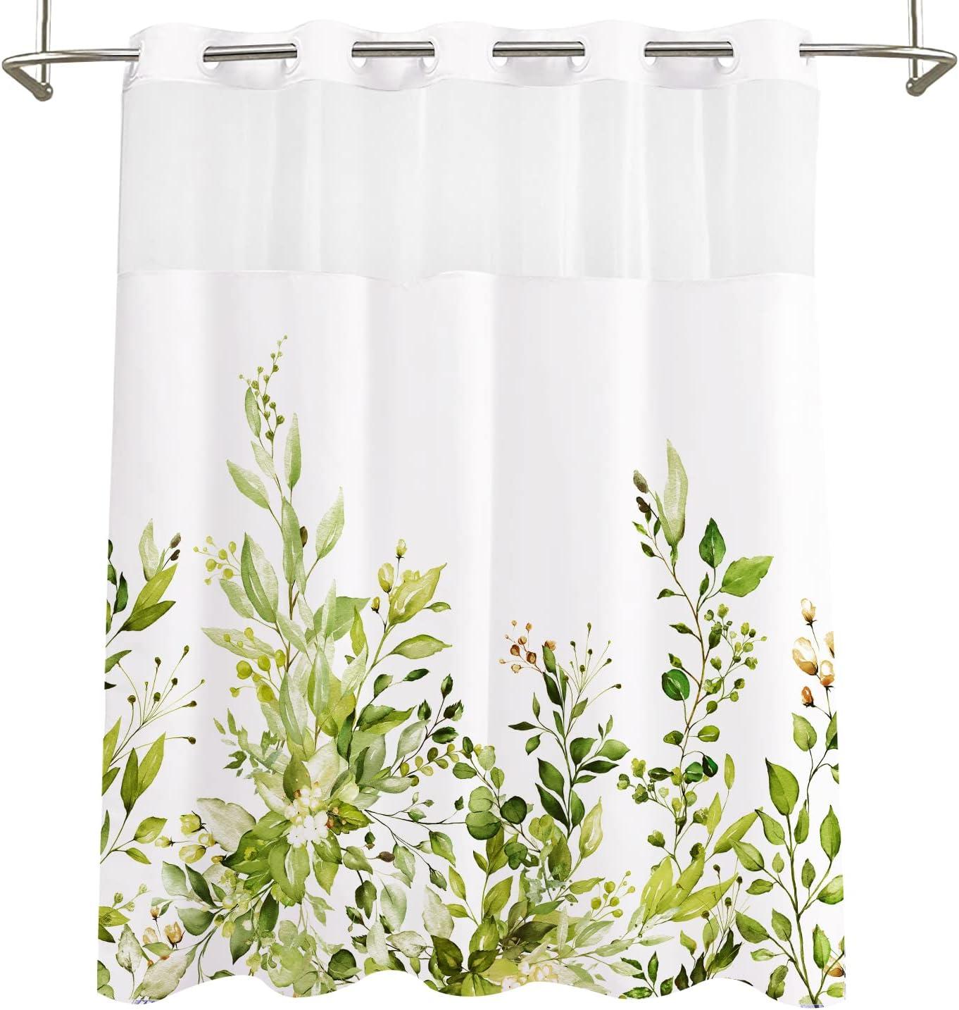 No Hook Shower Curtain with Snap in Liner, Eucalyptus Leaf Vintage Sage Green Leaves Hotel Shower Curtains for Bathroom, Washable Shower Curtain Liner Set with Mesh Top Window, 66"x72"