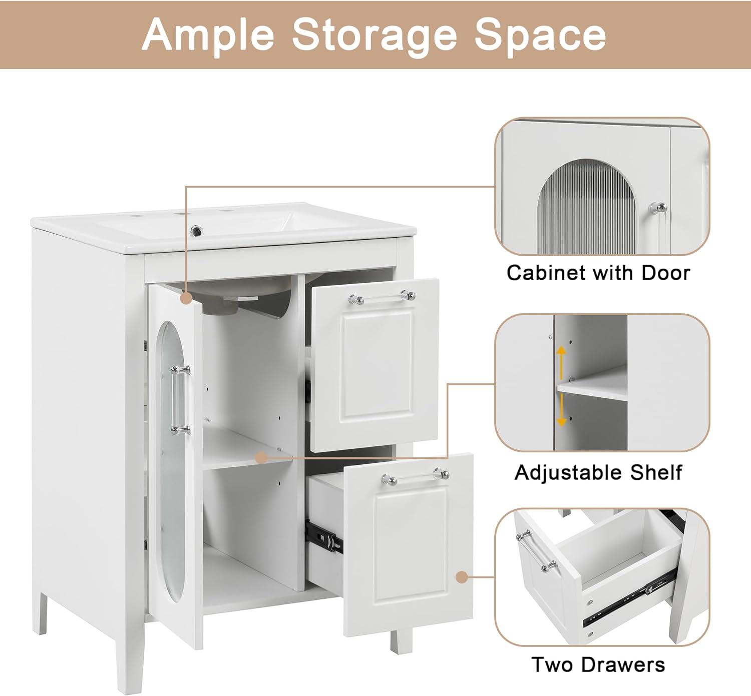 24"Bathroom Vanity With Sink, Bathroom Vanity Sink Cabinet With Two Drawers And Door, Adjustable Shelf, Solid Wood And Mdf,Wood Bathroom Vanity ,White