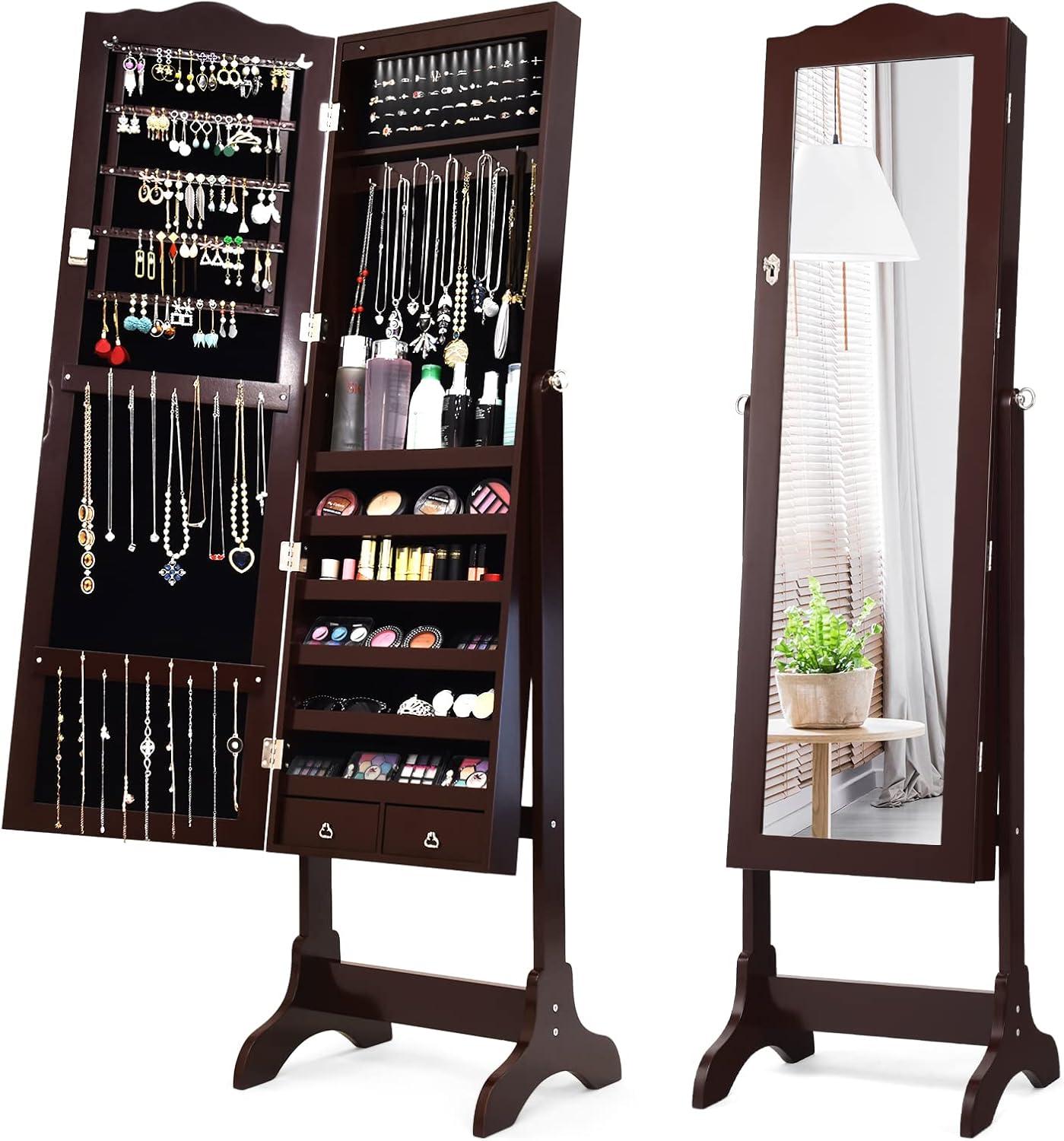 Costway Jewelry Mirrored Cabinet Armoire Organizer Storage Box with Stand Christmas Gift Coffee