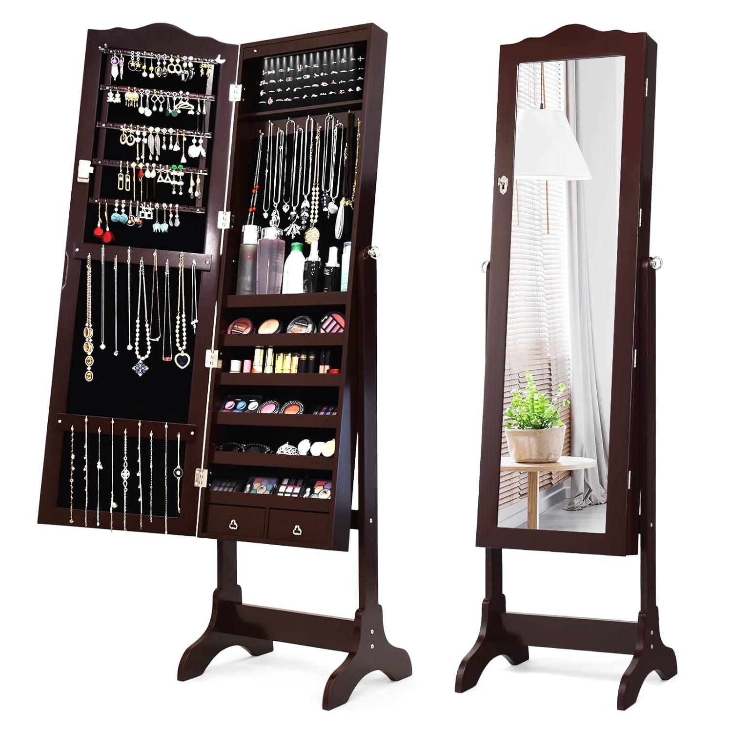 Costway Jewelry Mirrored Cabinet Armoire Organizer Storage Box with Stand Christmas Gift Coffee