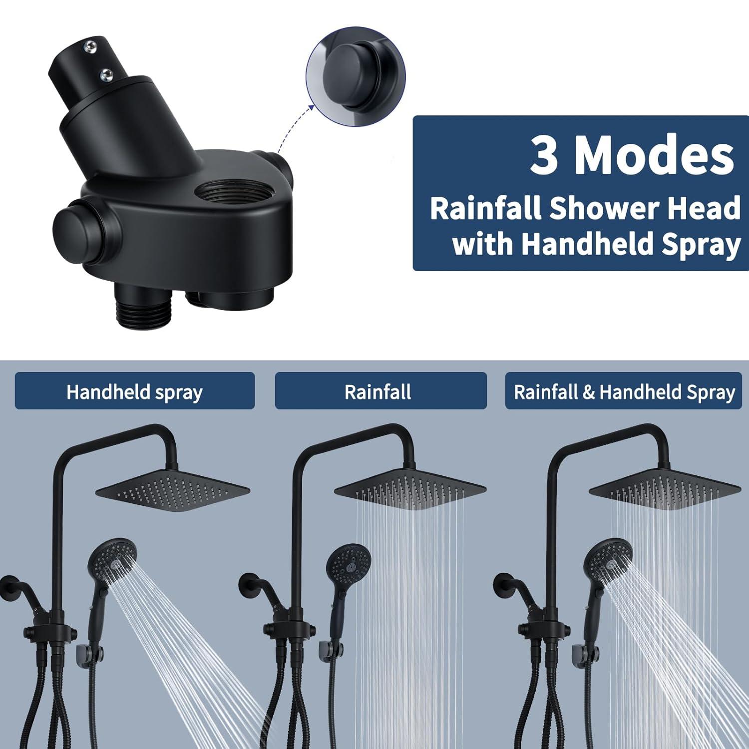 8" Dual Shower Head Combo, Rainfall Shower Head with Handheld, 6 Spray Settings Angle Adjustable Handheld Shower Head with Pause, Height Adjustable, Matte Black
