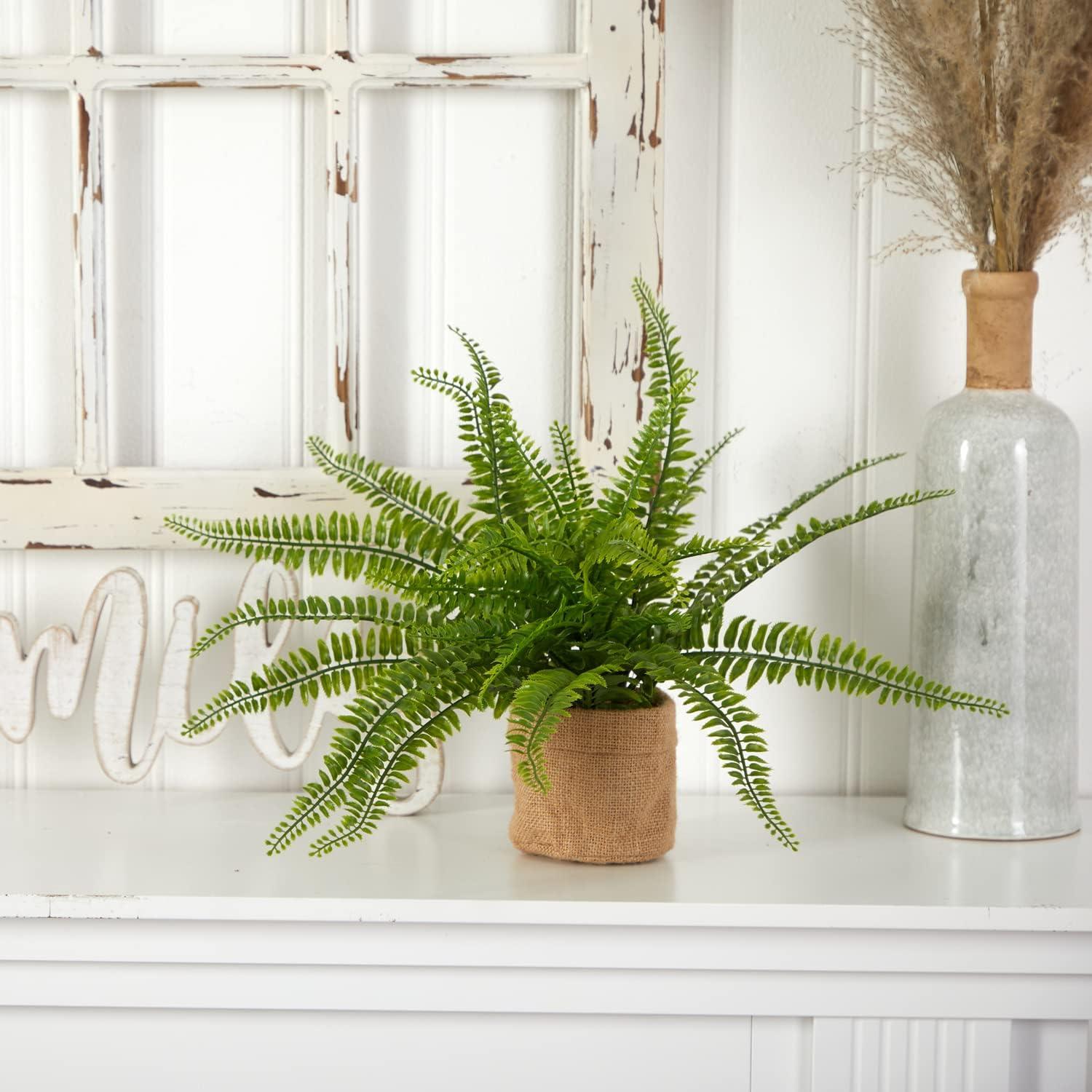 Nearly Natural 6814-S2 15in. Boston Fern with Burlap Planter (Set of 2) Silk Plants Green