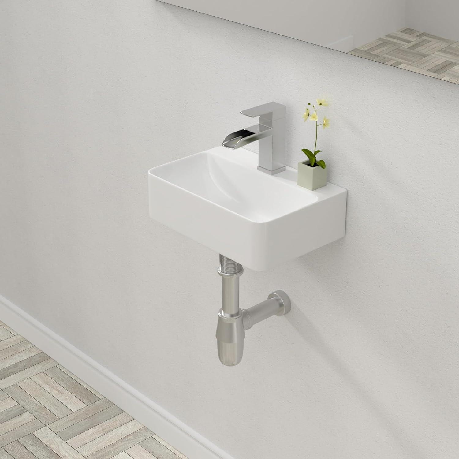 White Gloss Ceramic Rectangular Wall-Mount Bathroom Sink