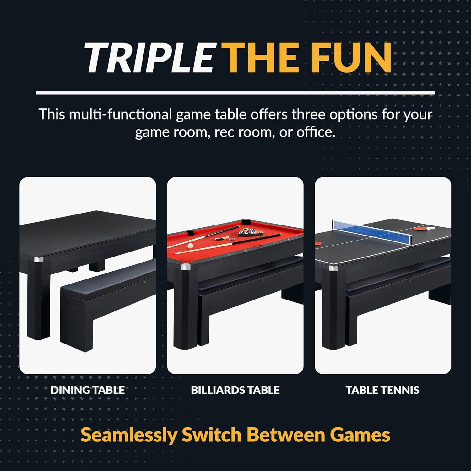 Hathaway Newport Stylish 7 Ft Multi Game Pool Table Combo with Dining Top and Ping Pong – Includes Benches for Home Storage and Accessories