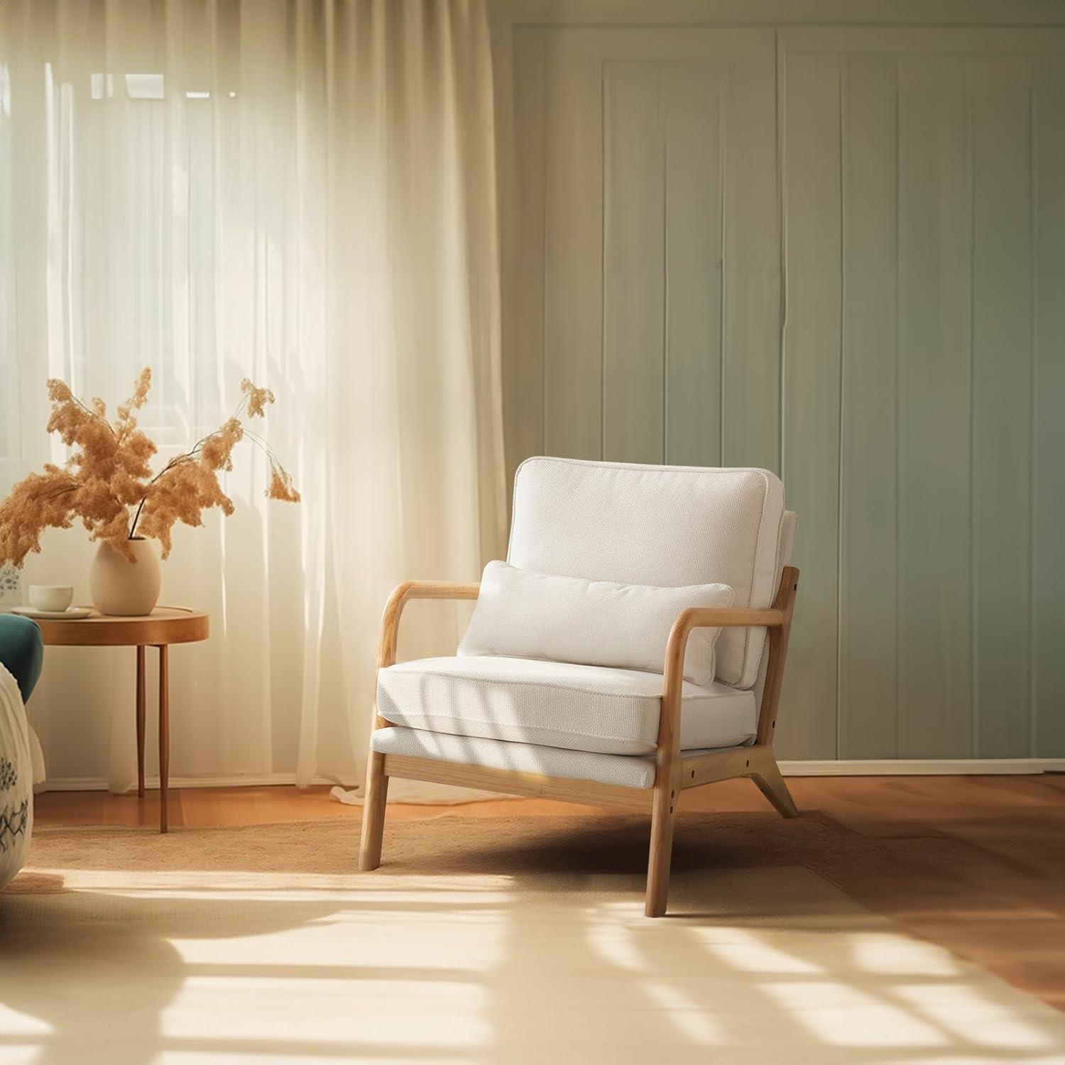 George Oliver Lemley Mid Century Solid Wood Accent Chair Upholstered Armchair with an Extra Pillow