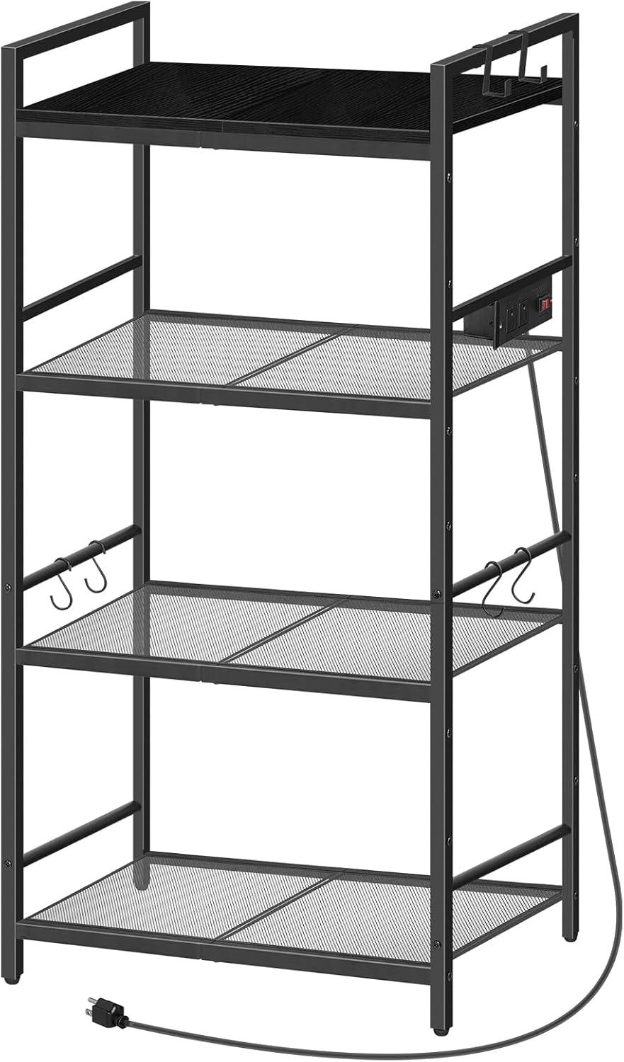 Black Metal 4-Tier Bakers Rack with Power Outlet