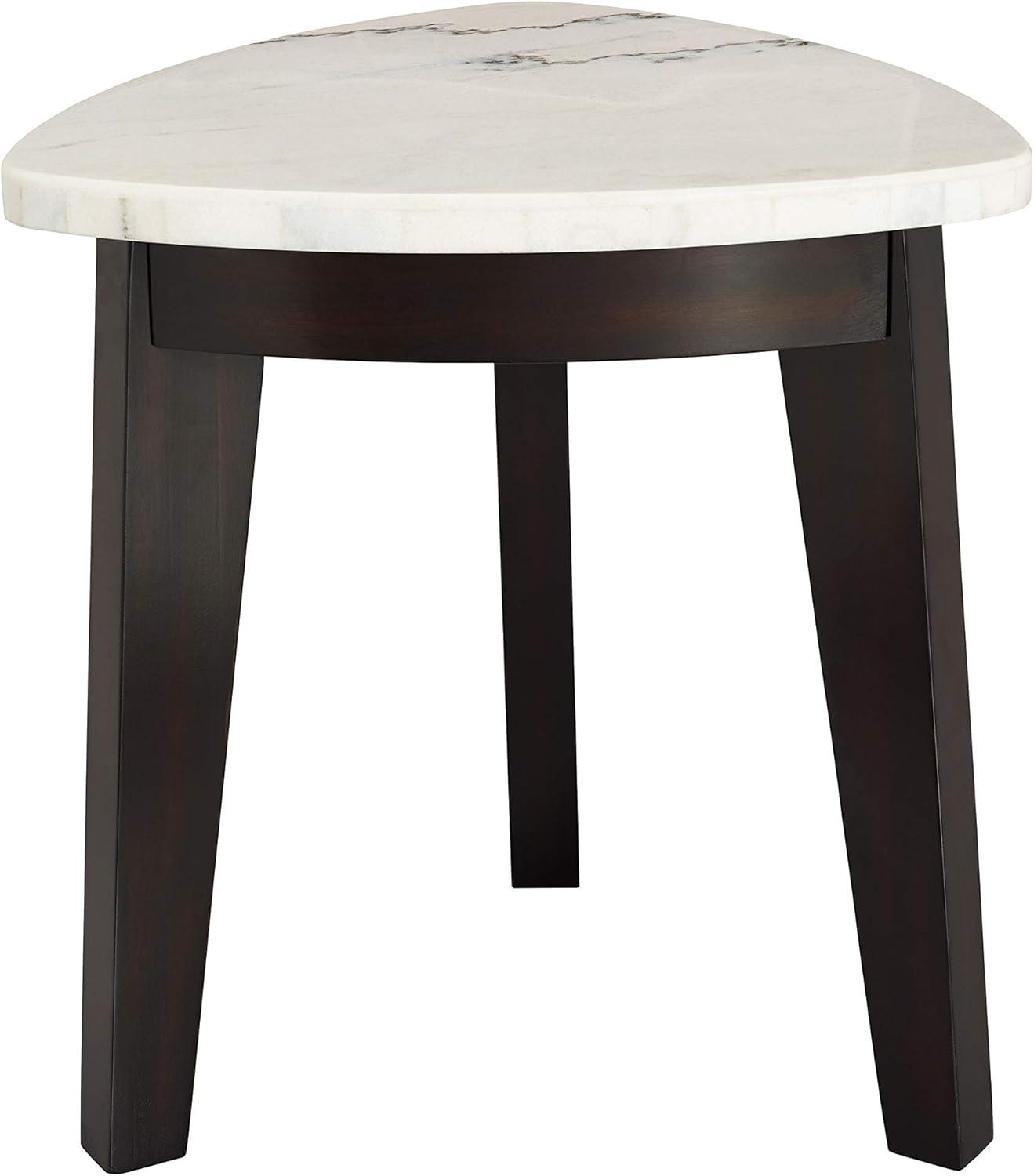 Triangular White Marble and Wood End Table