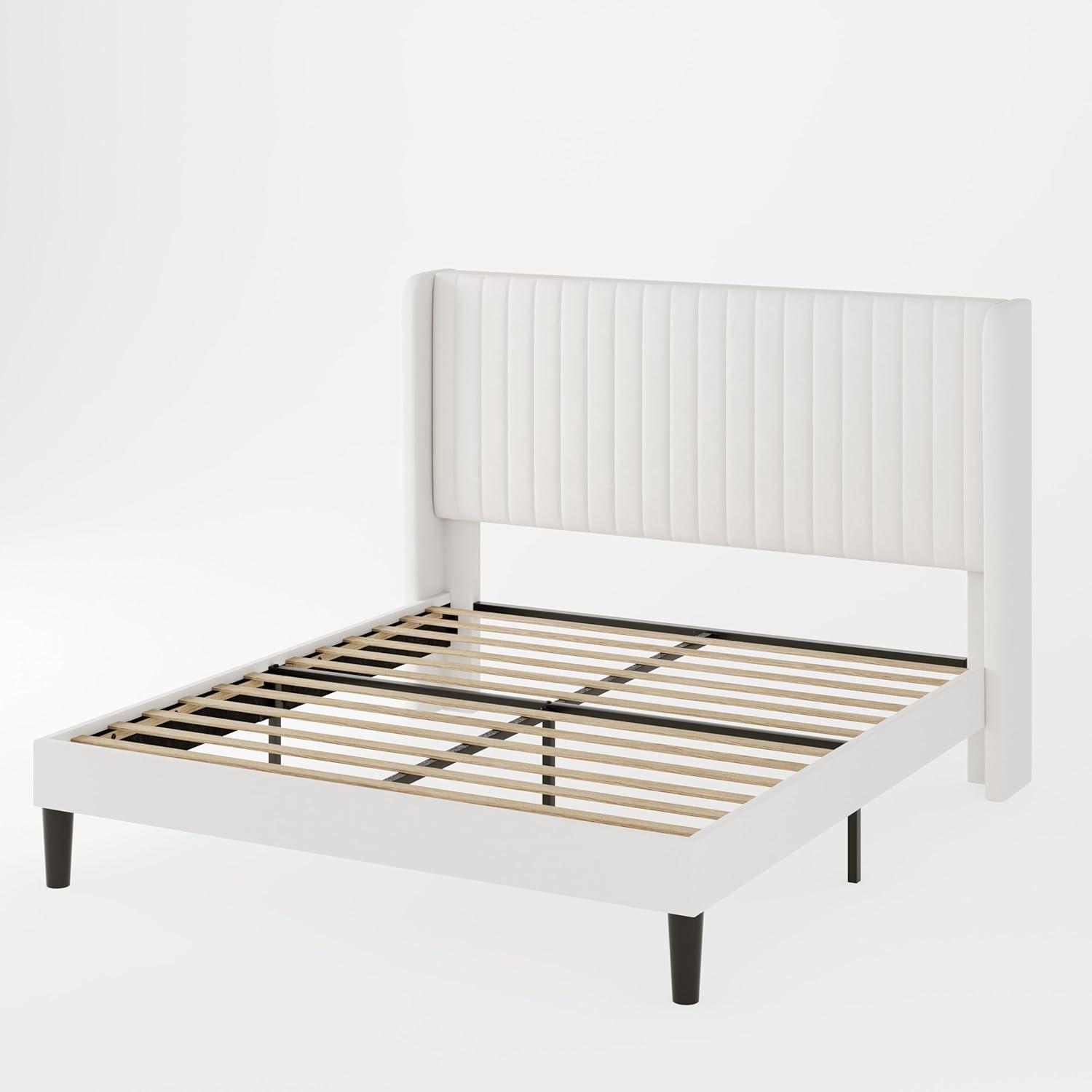 Candler Velvet Upholstered Platform Bed with Wingback Headboard and Wooden Slats