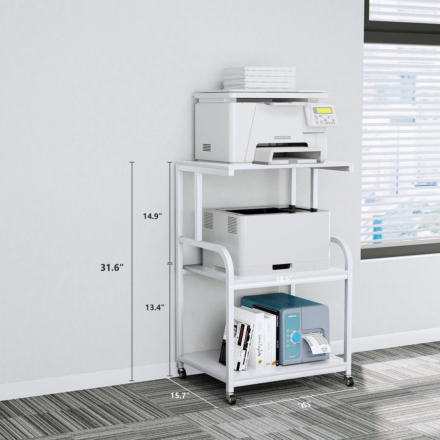 White Steel and Particle Board 3-Tier Rolling Printer Stand