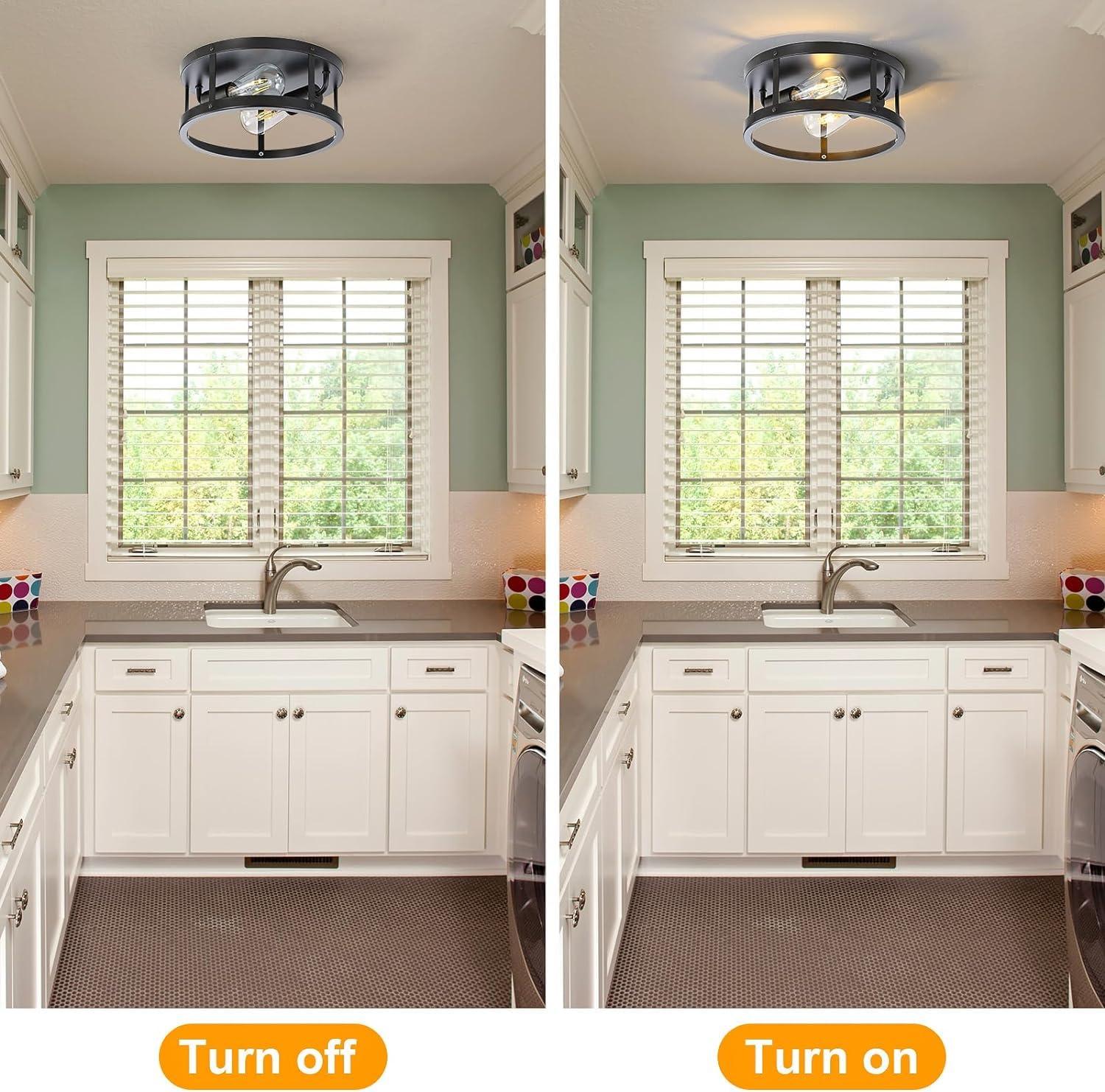 2 Pack Black Farmhouse Flush Mount Ceiling Light,2-Light Rustic Hallway Lighting Fixtures,Industrial Light Fixtures Ceiling Mount for Kitchen Hall Entry Bedroom Closet