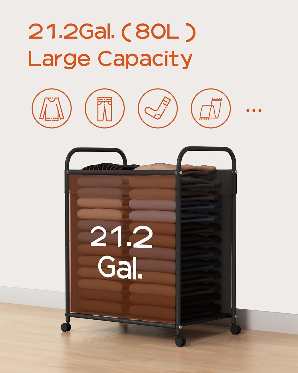 Laundry Basket with Wheels, Rolling Laundry Hamper, Laundry Sorter with Removable Liner, Steel Frame with Handle, 80L, 19.7 x 13 x 25.2 Inches, Black, LHC100B01