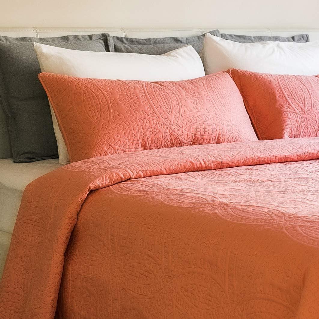 Mezzati Prestige Bedspread Coverlet Set - Soft Brushed Microfiber Comforter Bedding Cover, 3-Piece Quilt Set (Queen/Full, Coral Rose)
