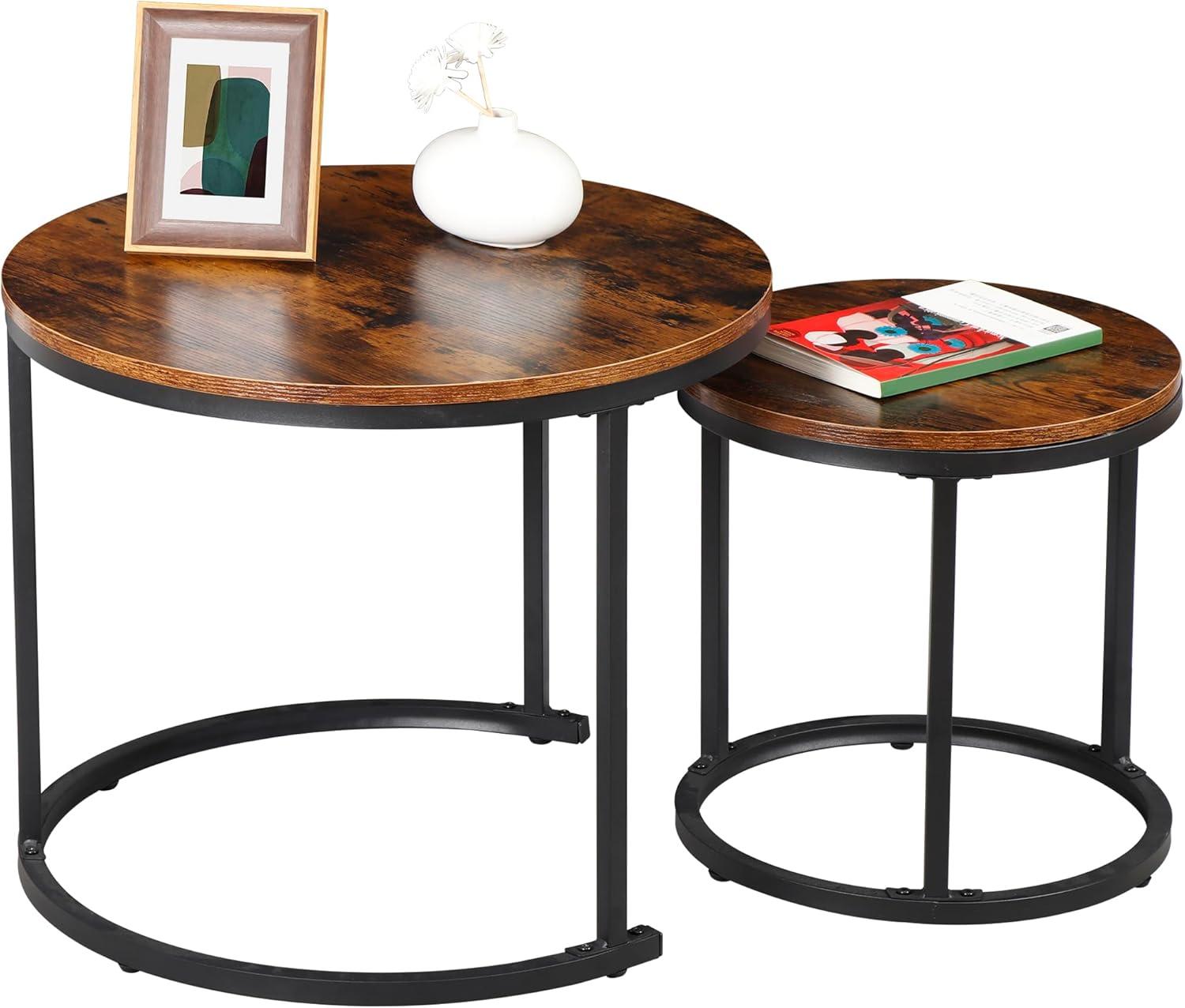 Bennium Industrial Round Nesting Coffee Table Set of 2, Circle Coffee Table Nested Sets Sturdy Stacking Table for Living Room Small Spaces Office, Easy Assemble, Rustic Brown