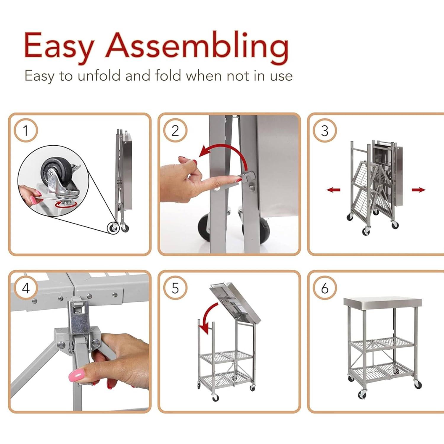 Origami RBT Fully Stainless Steel Foldable Kitchen Cart with 4 Professional Grade Caster Wheels Holds Up To 100 Pounds, Silver