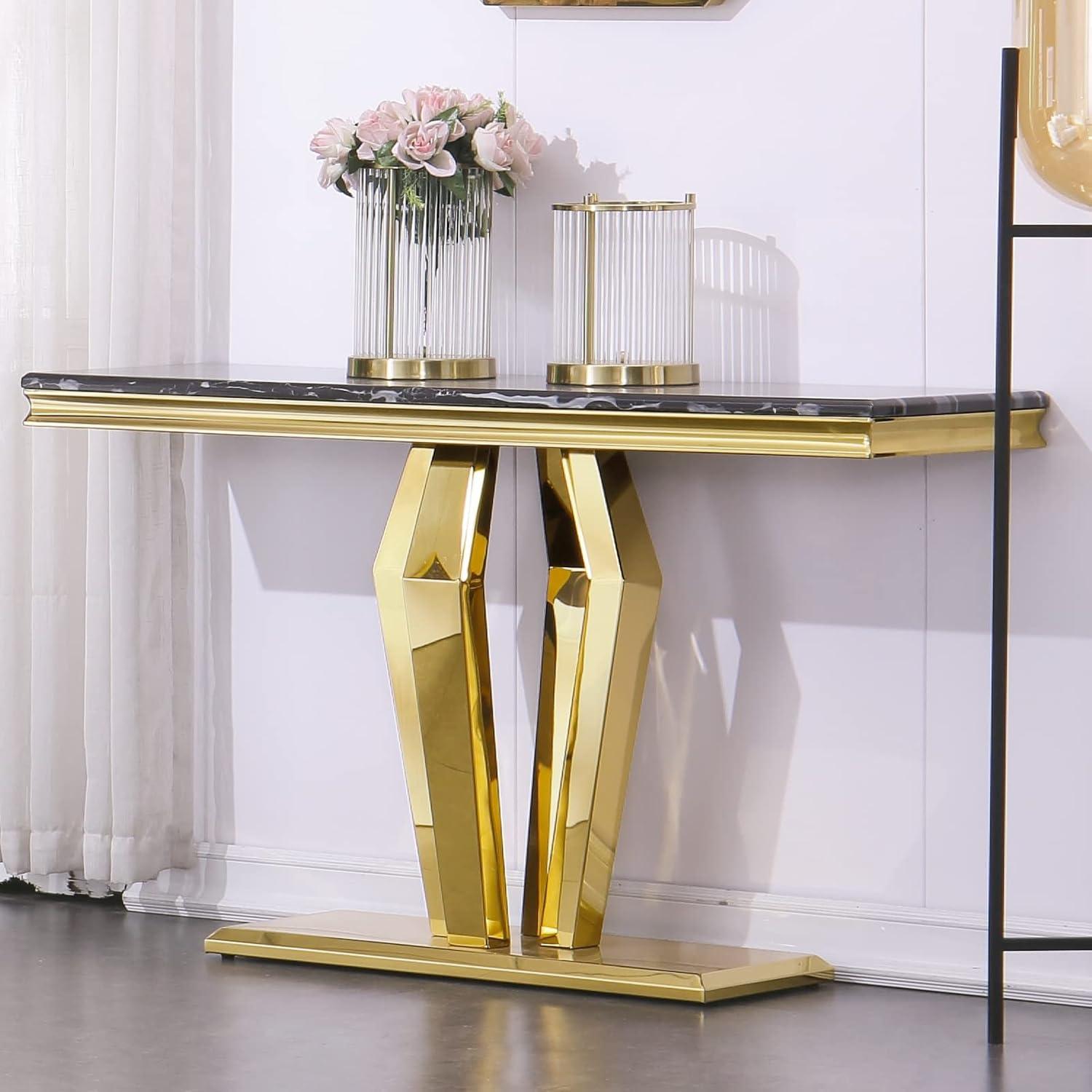Unbranded Luxury Rectangular Sofa Console Table Modern Living Room Entryway Table with Mirrored Gold Geometric Base Gold