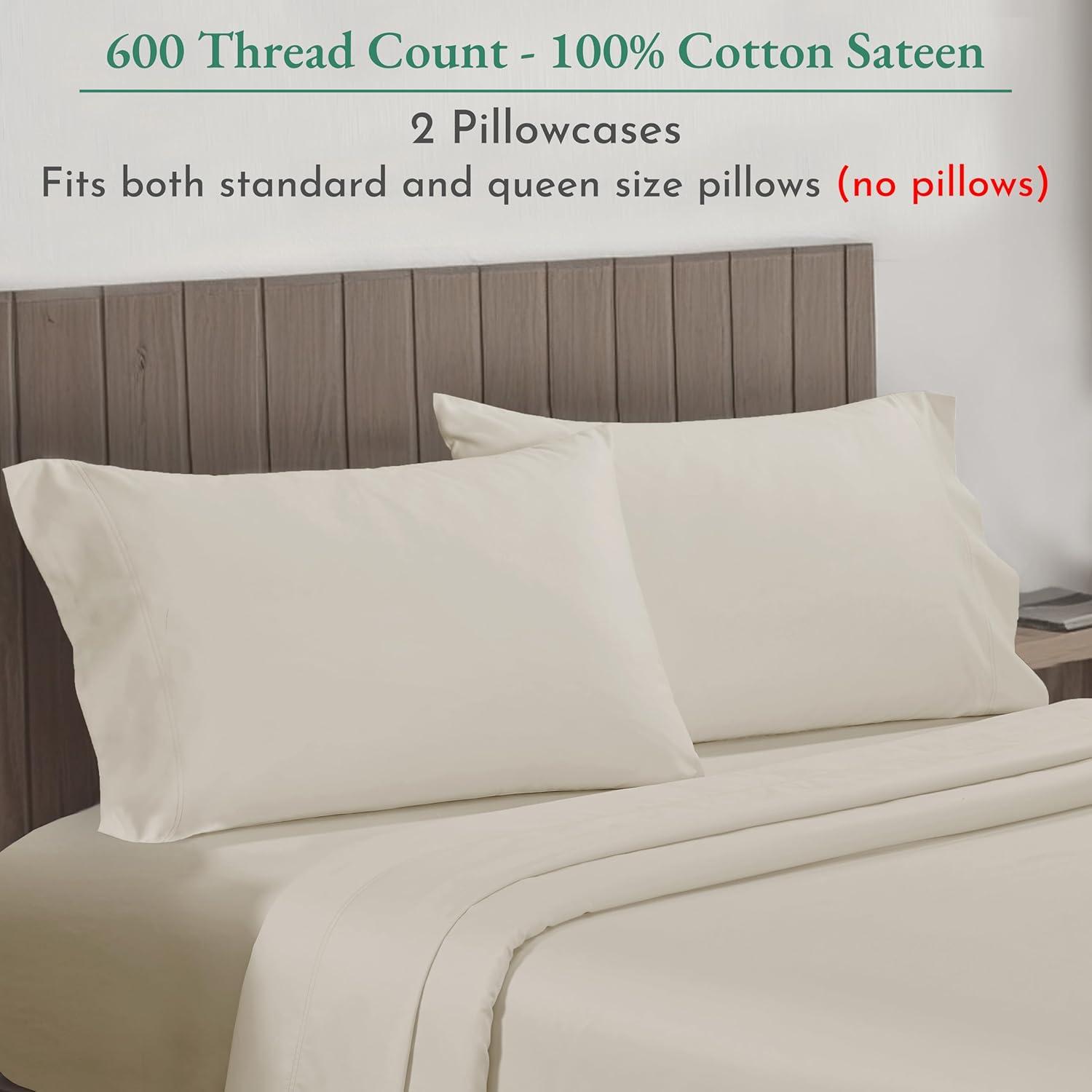 Luxury 600 Thread Count Pillowcases - 100% Cotton Sateen, Soft, Cool & Breathable by California Design Den