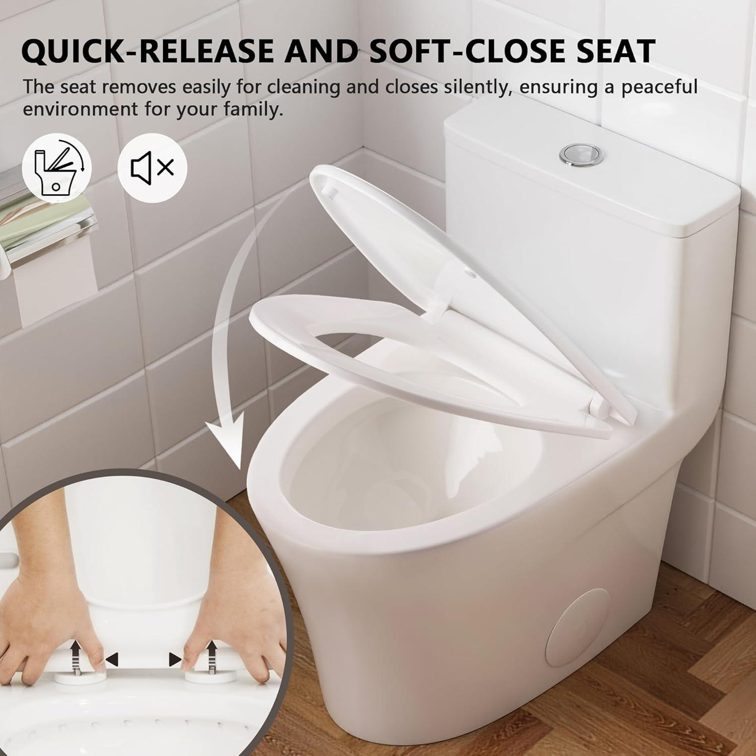 DeerValley Compact One Piece Toilet Elongated, Modern Toilet with Soft Close Seat Ceramic Glossy for Small Bathroom Space