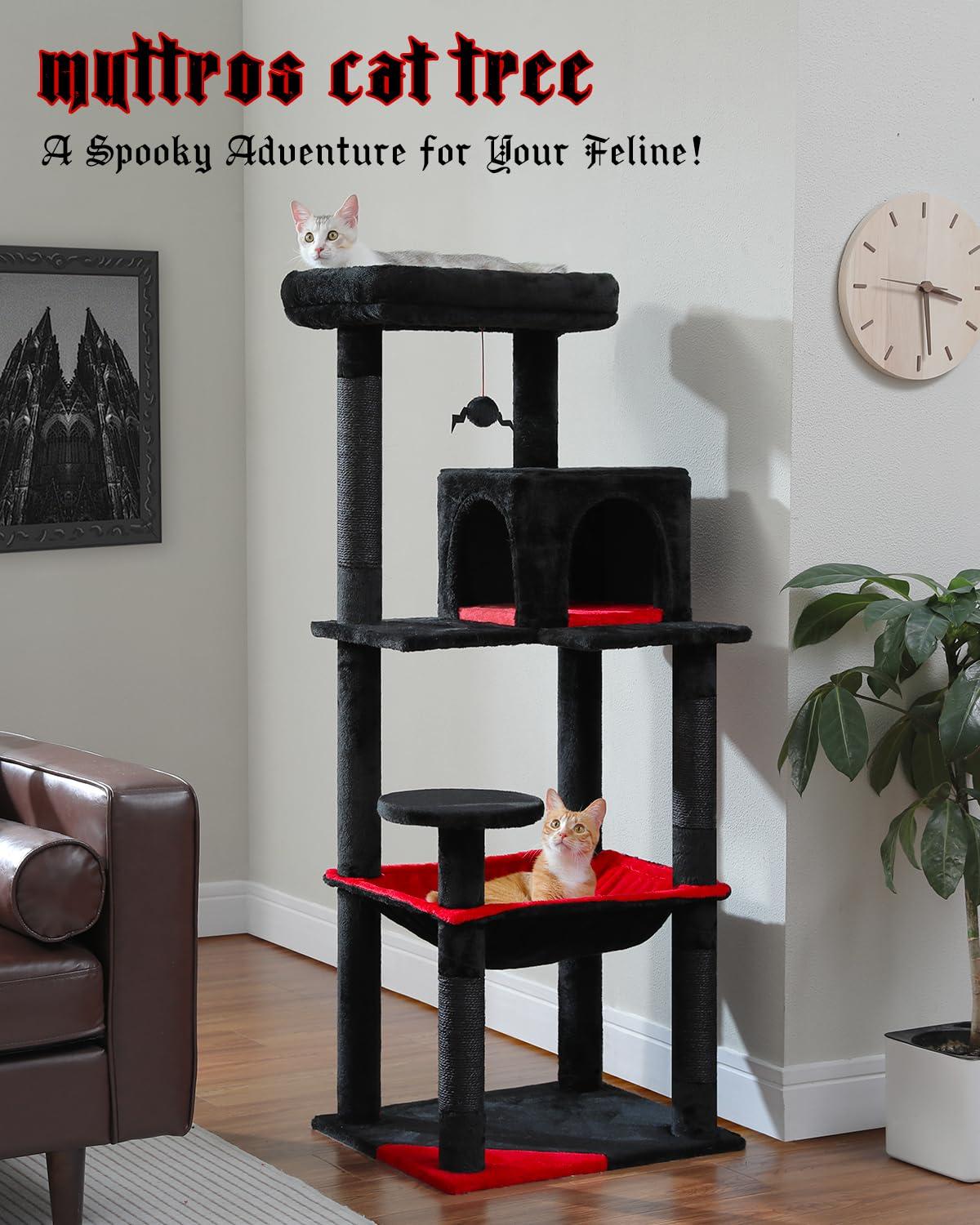 Gothic Cat Tree With Super Large Hammock, Cat Tower With Coffin Bed, Cat Condo, Sisal Scratching Posts & Top Perch, Multi-Level Goth Cat Tree, Halloween