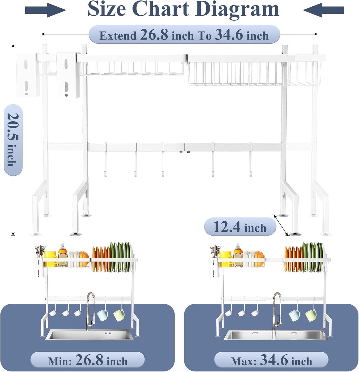 Adjustable White Stainless Steel Over-the-Sink Dish Drying Rack