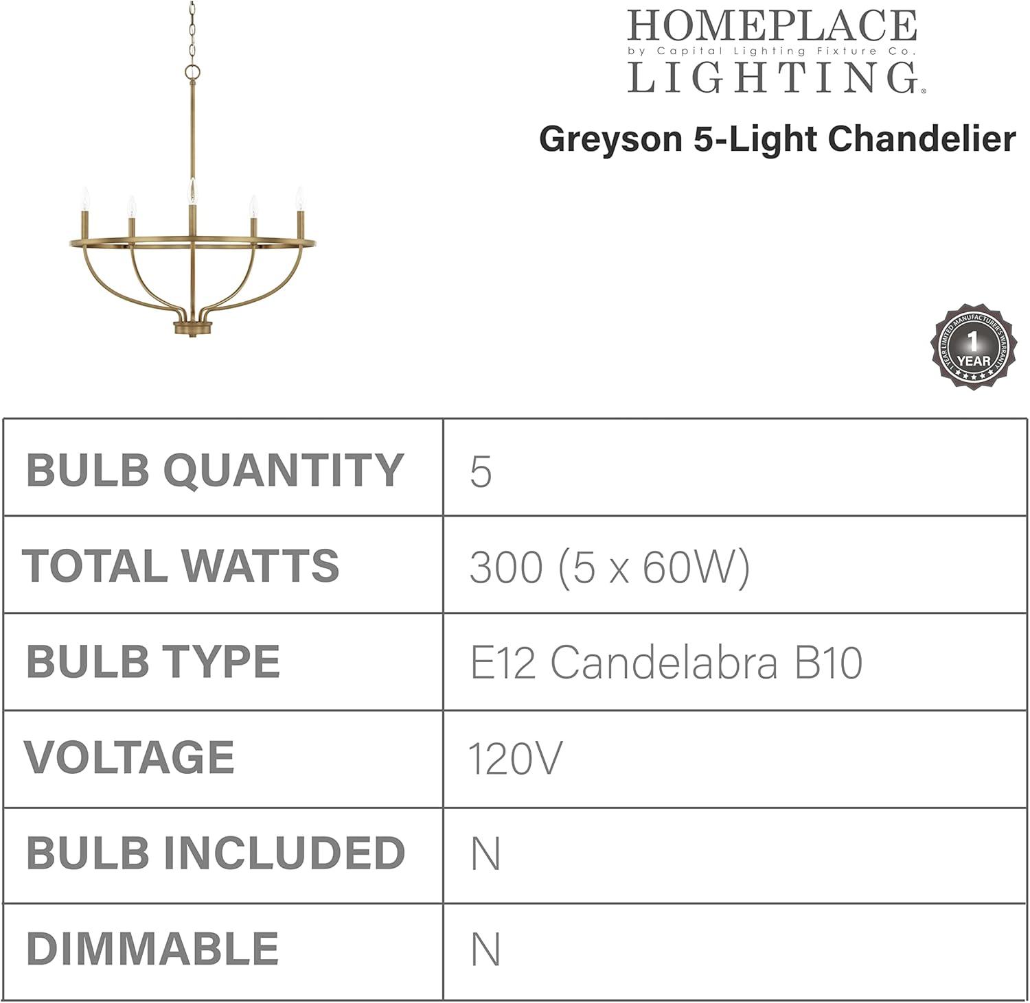 Capital Lighting 428551 Greyson 5 Light 29" Wide Taper Candle Chandelier - Brass