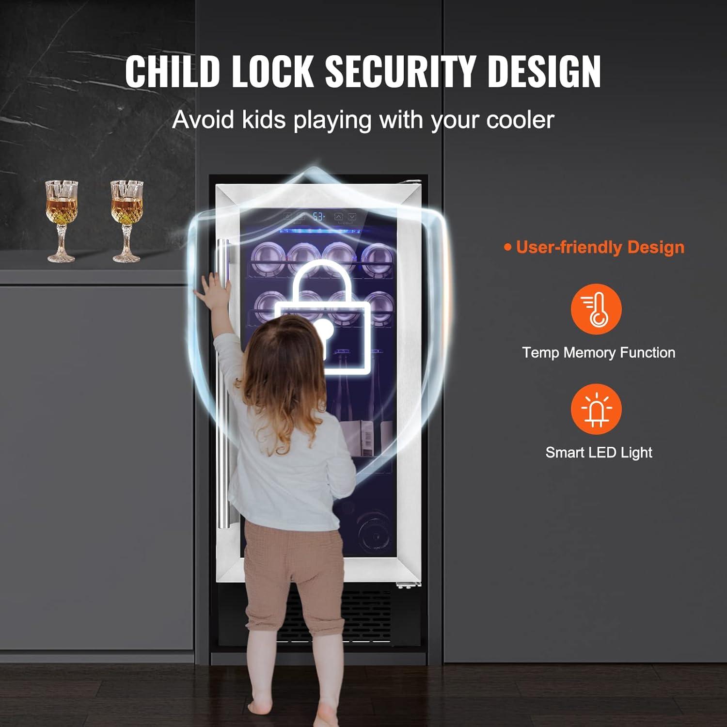 VEVOR Wine Cooler, 30 Bottles Capacity Under Counter Built-in or Freestanding Wine Refrigerator, Beverage Cooler with Blue LED Light, Single Door, Child Lock for Drink Beer Soda Wine Water, ETL Listed