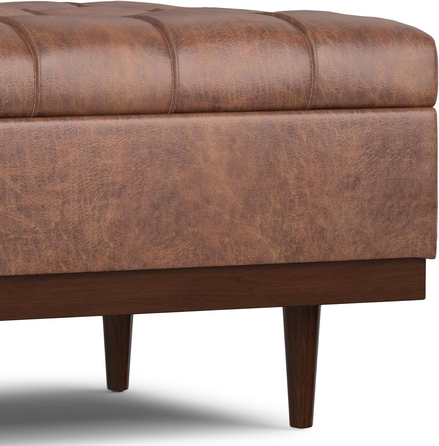 Simpli Home Mariah 34 inch Wide Contemporary Rectangle Coffee Table Storage Ottoman in Distressed Saddle Brown Vegan Faux Leather