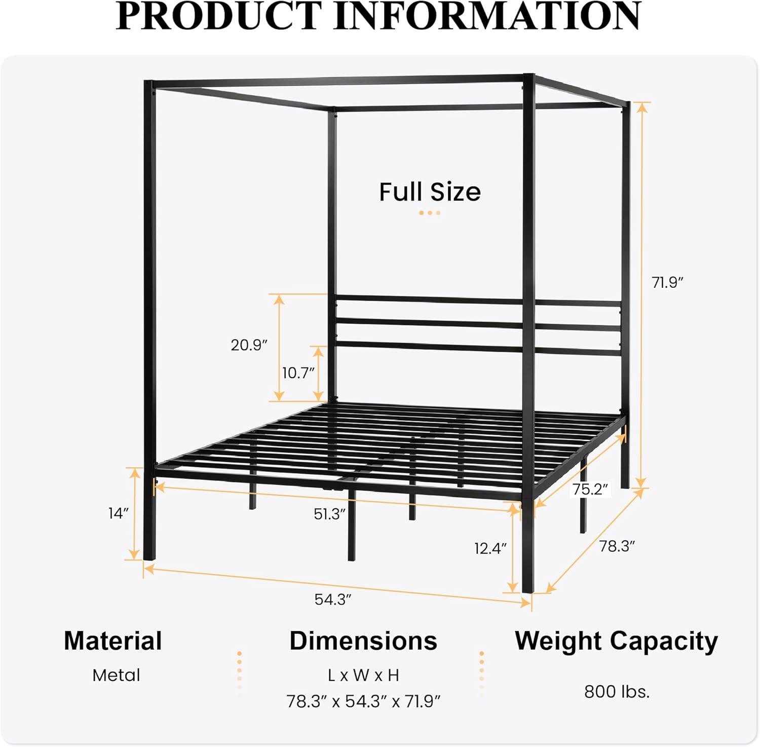 SHA CERLIN Canopy Bed Frame Full Size/Mattress Foundation with Metal Slats Support/No Box Spring Needed/Easy Assembly/Black