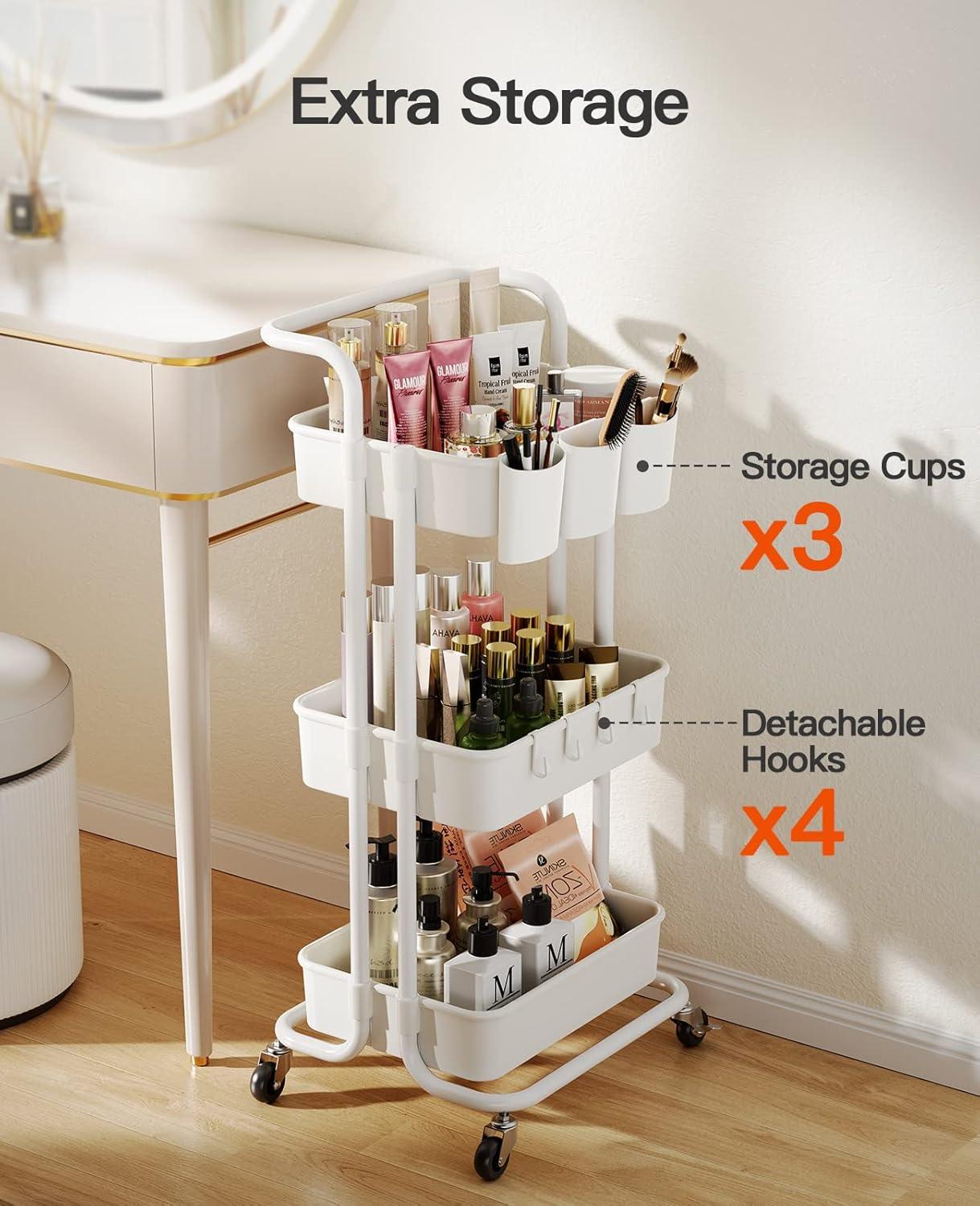 3-Tier Metal Rolling Cart Utility Cart Storage Cart with Lockable Wheels, 3 Hanging Cups & 4 Hooks for Office, Kitchen, White