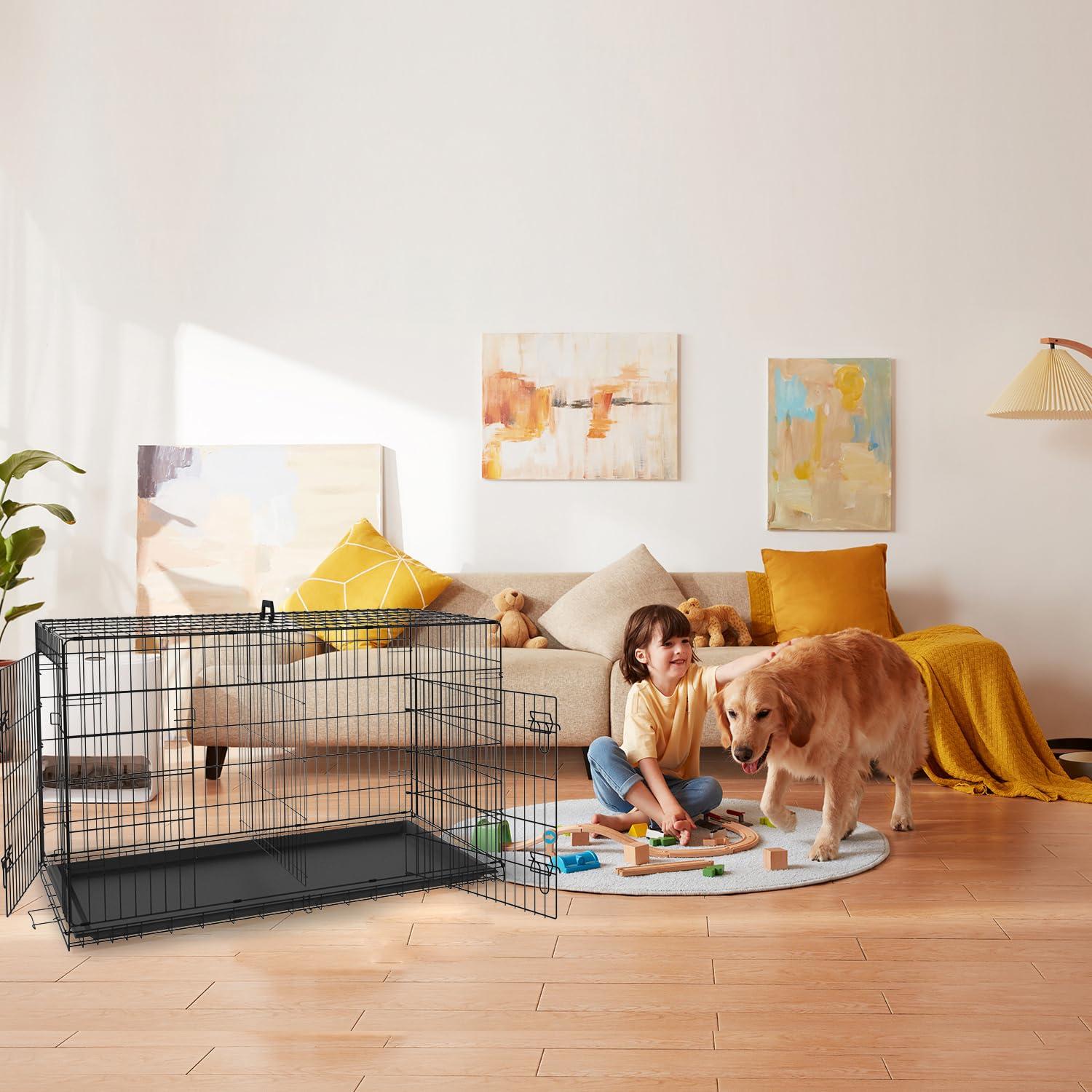 CL.HPAHKL Durable Large Dog Crate, Folding Metal Dog Kennel Double Door Dog Cage with Plastic Tray, Wire Crate for Large Dog Indoor Outdoor Travel (Black, 42 inch)