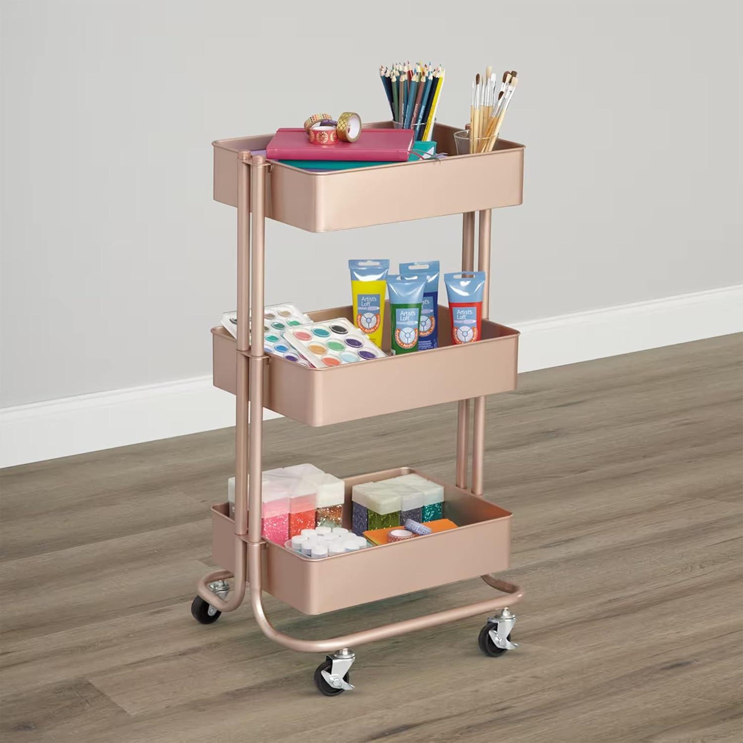 Lexington Rose Gold 3 Tier Rolling Storage Cart by Simply Tidy - Multi-Functional Storage Cart for Home, Office, and Kitchen - 1 Pack