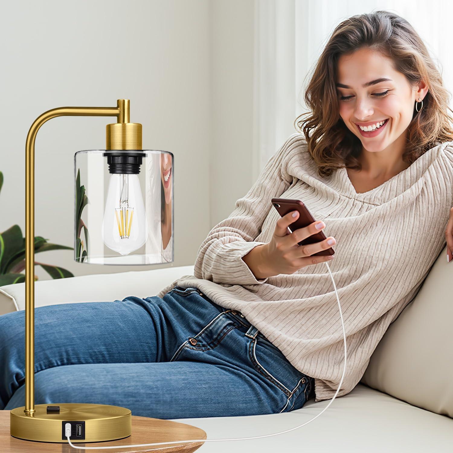 Industrial Nightstand Lamps for Bedrooms Set of 2 - Fully Dimmable Bedside Lamps with USB A C Ports and Outlet, Black Table Lamps with Clear Glass Shade for Living Room, Desk Lamps for Office Reading